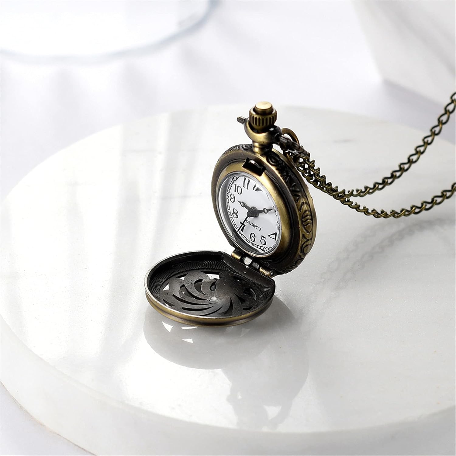 Detalle de JewelryWe Taschenuhr Herren als Kettenuhr „Retro Royal Flush/Kompass/Blumen/Glocke/Motorrad“ mit Halskette