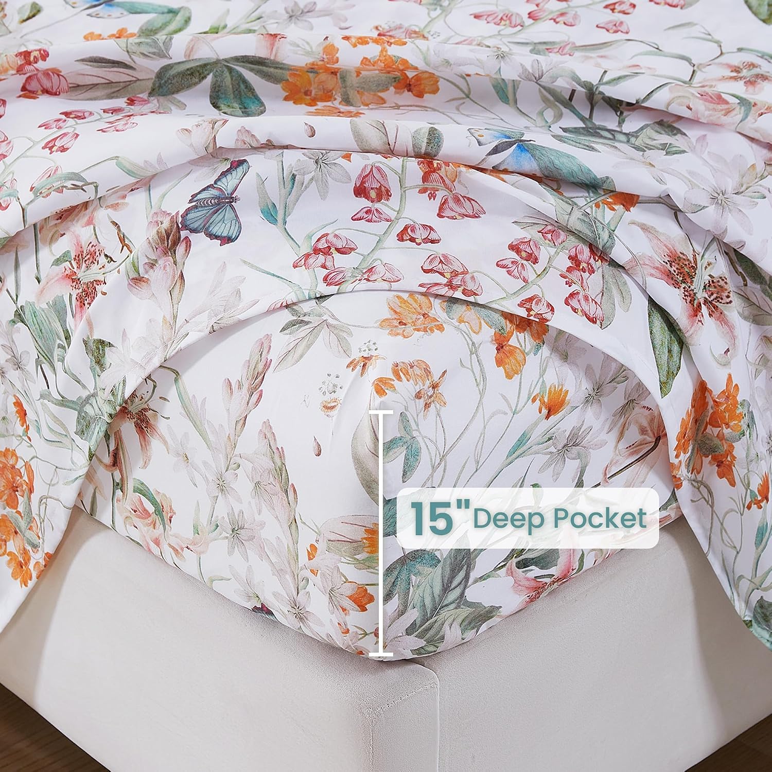Detalle de Softan Green Floral Queen Sheet Set with Deep Pockets and Non-Slip Straps