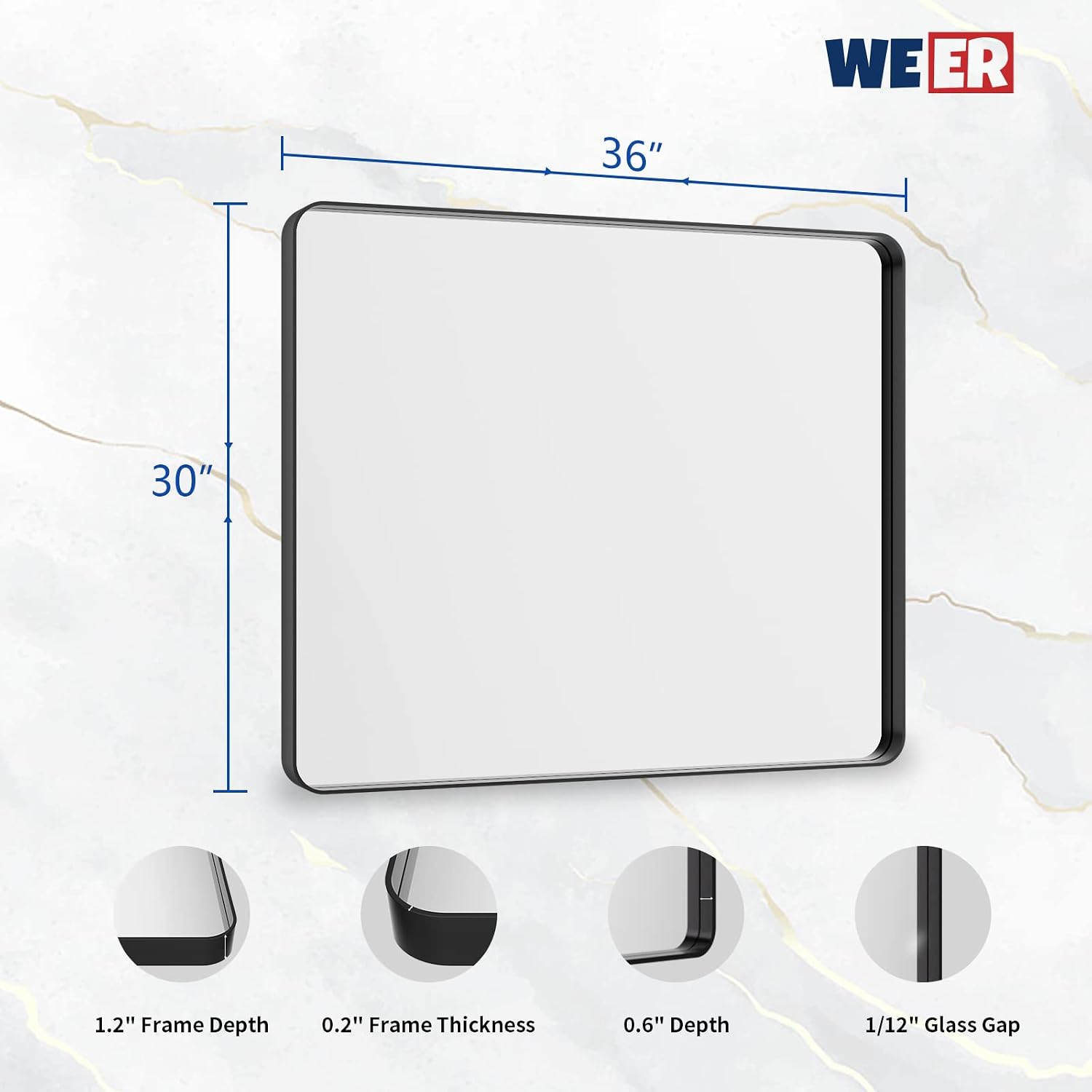 Detalle 2 de WEER 36x30 Inch Black Metal Framed Bathroom Mirror