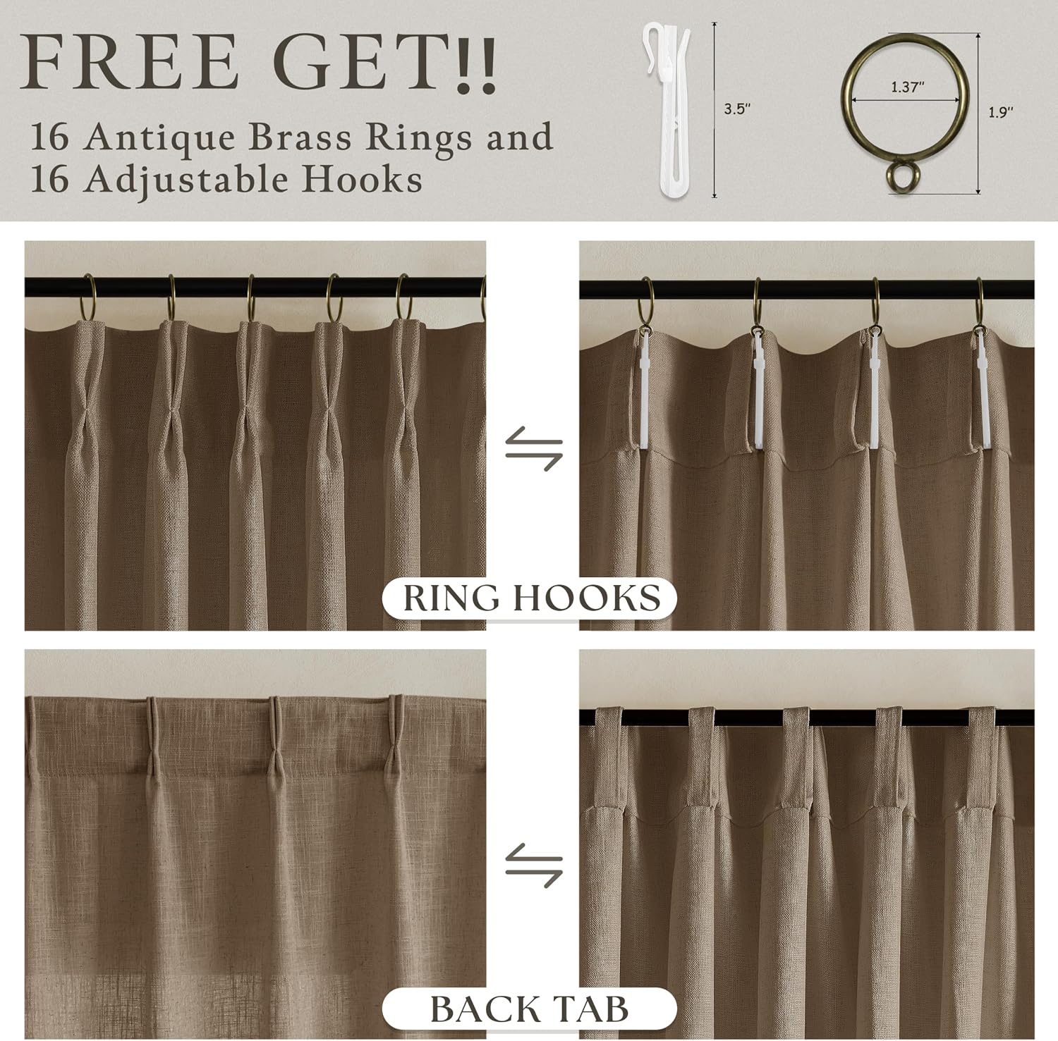 Detalle de Dutch Cocoa Pinch Pleated Linen Curtains (112-Inch Long), 2 Panels Set