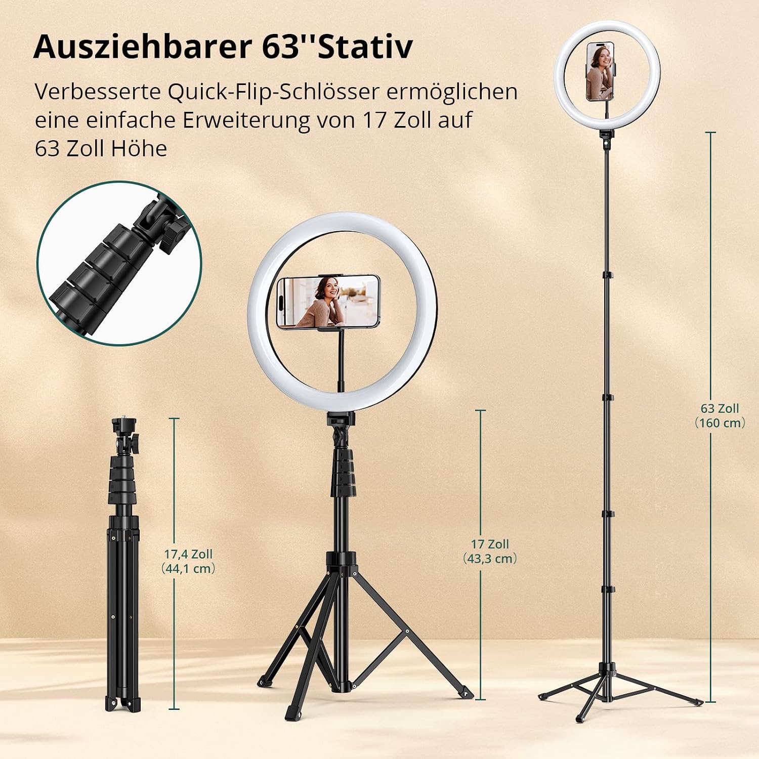 Detalle 2 de ATUMTEK 12" Selfie-Ringlicht mit Stativ 63" USB