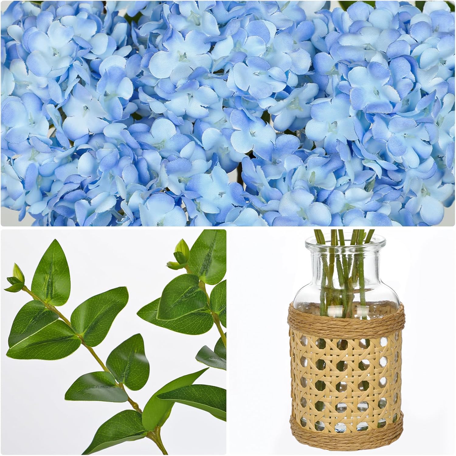 Thumbnail 6 de Oairse Artificial Hydrangea Flowers in Glass Vase with Rattan Cover, 32 cm – Blue Silk Florals for Home & Office Decor