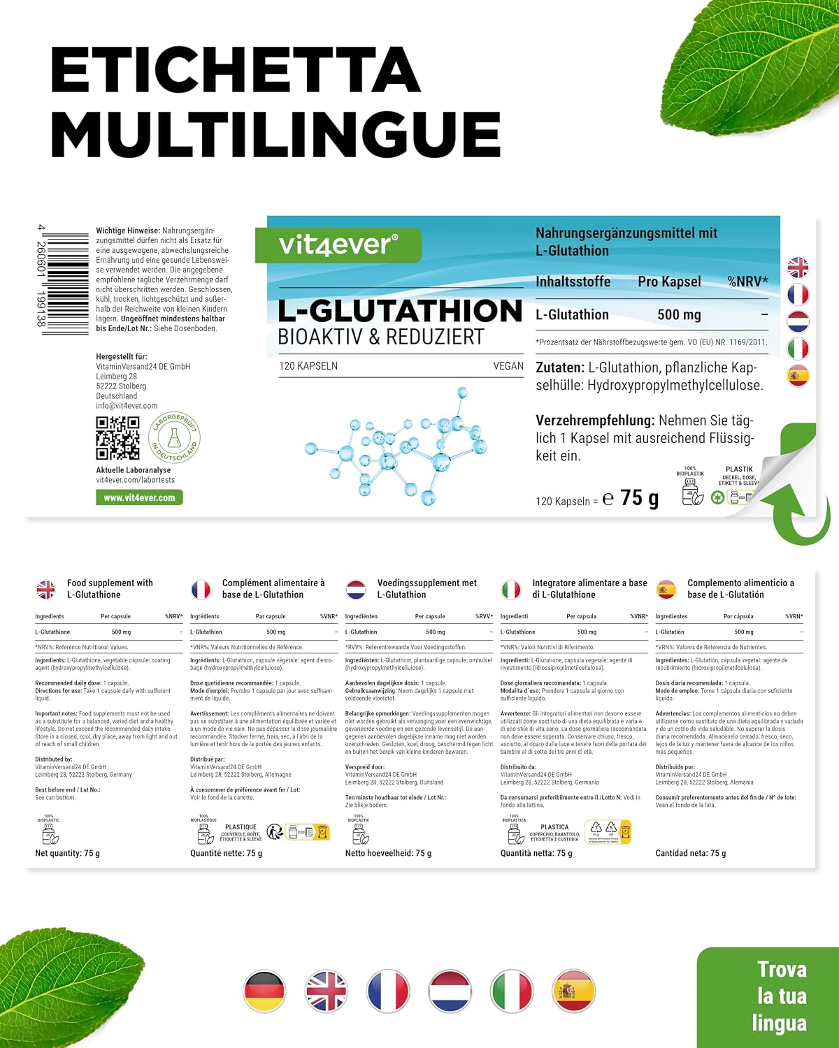 Detalle 2 de L-Glutatione ridotto 500 mg 120 capsule vegane premium (fermentazione)