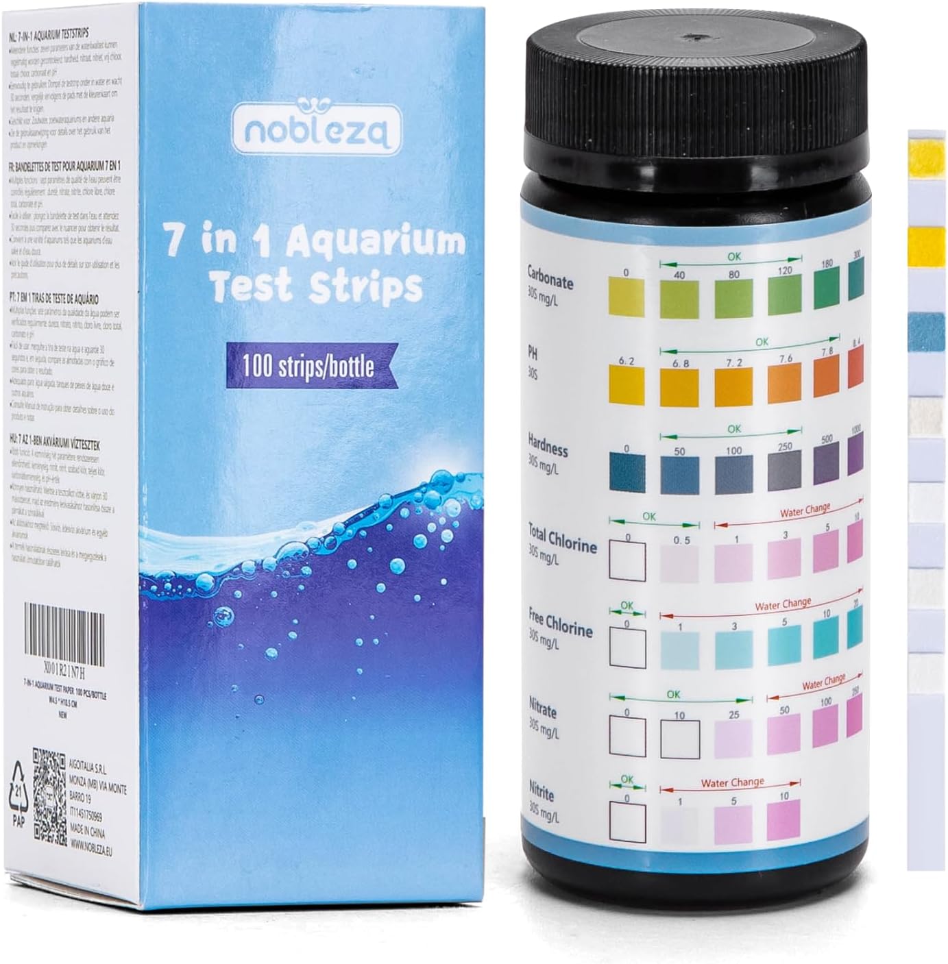 Nobleza Strisce Test Acquario 7in1 (100 pezzi) – controlli rapidi di pH, nitriti, nitrati e altri valori