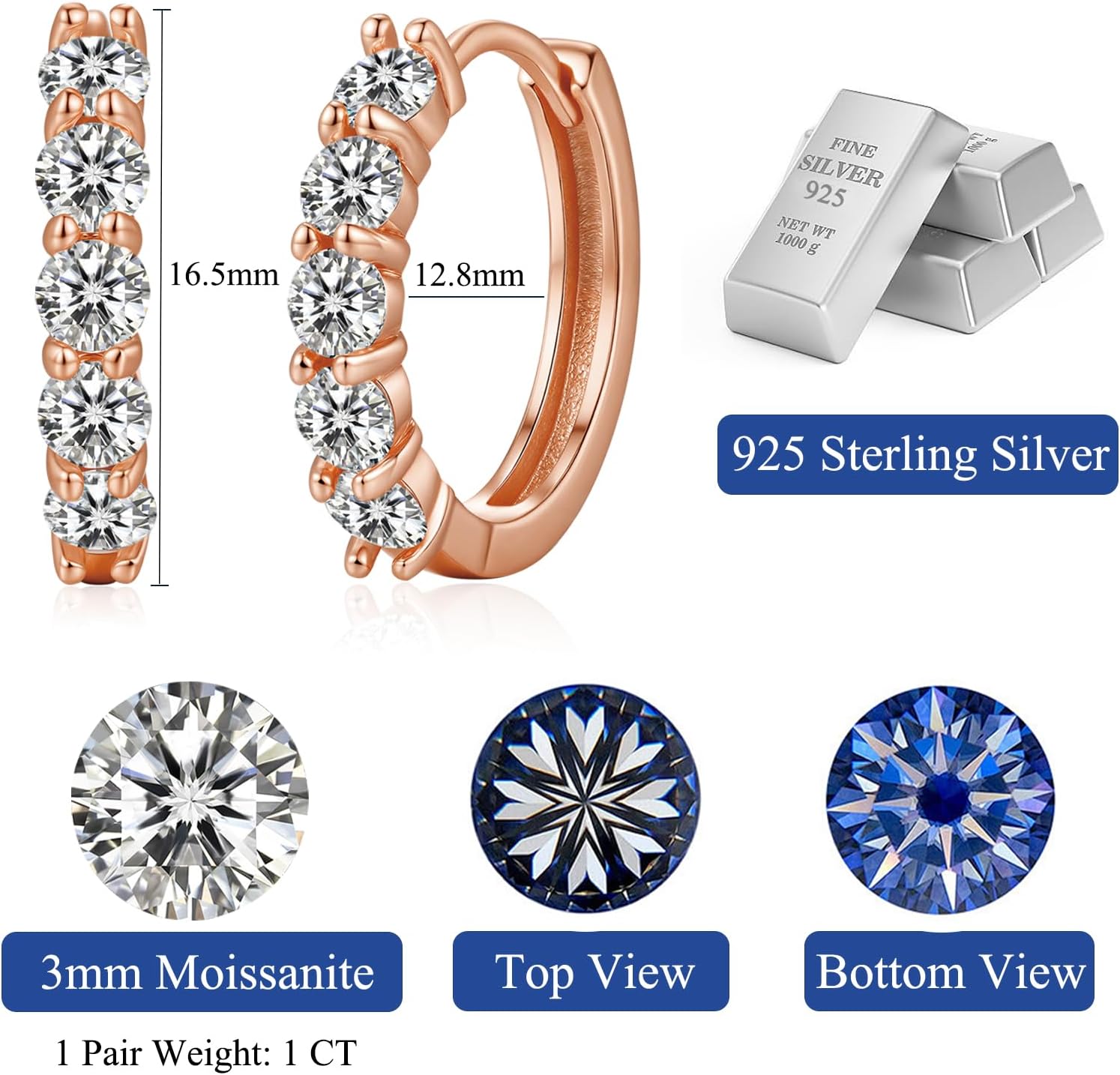 Thumbnail 4 de MISUMOR Moissanite Creolen Ohrringe Silbern 925 – Rund, D Farbe, VVS1 Klarheit, Innendurchmesser 12,8 mm