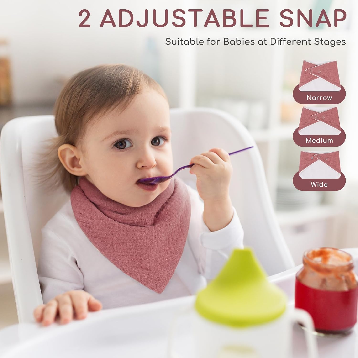 Detalle de Yukkidds Muslin Bibs 8 Pack Bandana Dribble Bibs – 100% Cotton, Adjustable Snaps, Teething Friendly (0–36 Months) Purple & Pink