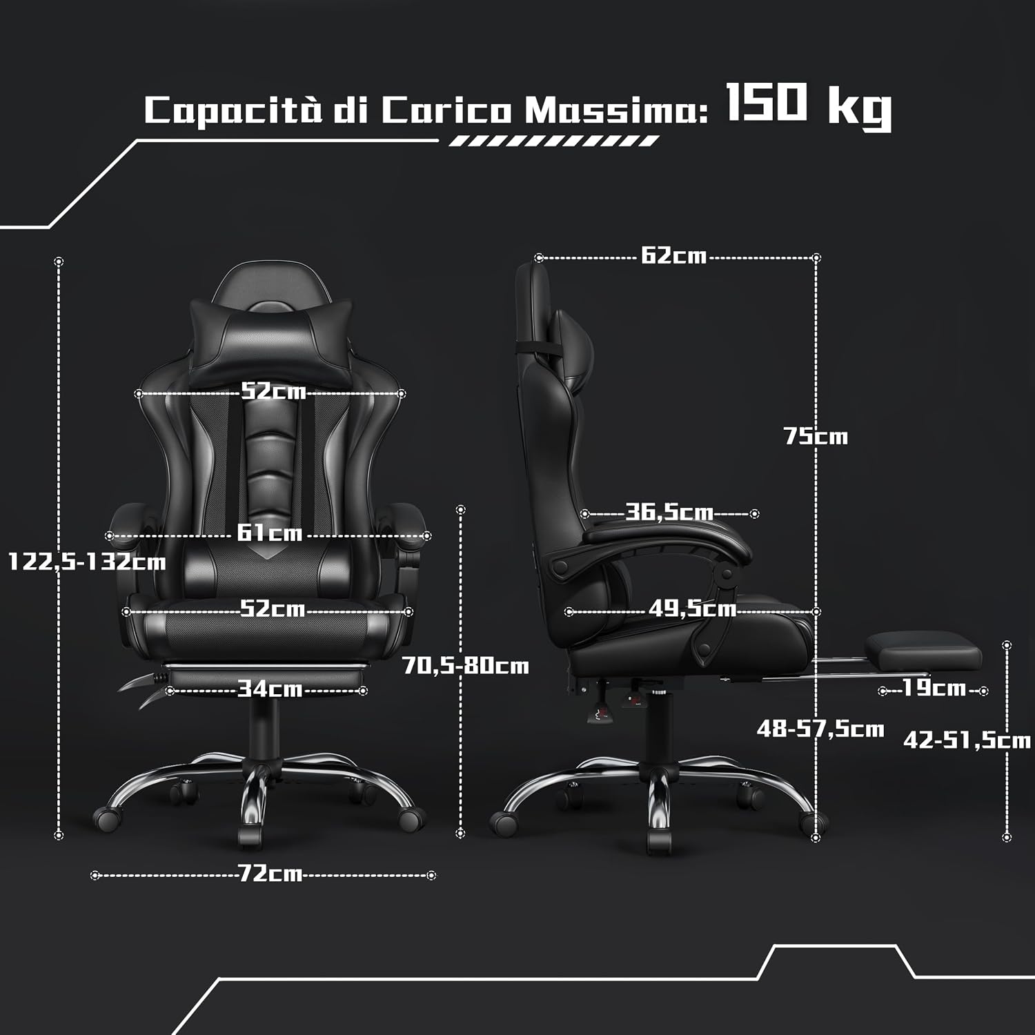 Thumbnail 2 de Yaheetech Sedia Gaming Ergonomica Massaggiante Reclinabile con Poggiapiedi, Poggiatesta e Supporto Lombare — Poltrona da Scrivania Nero