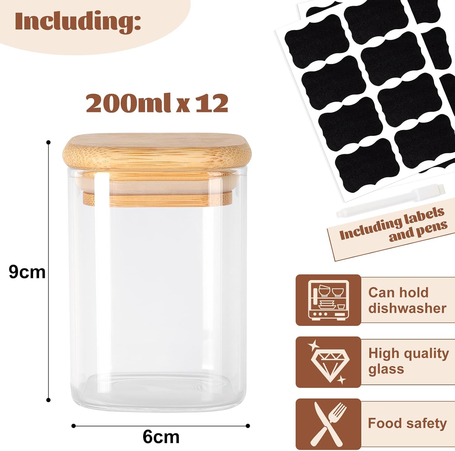Detalle 2 de Solvant vierkante kruidenpotjes, 12 × 200 ml, luchtdicht glas met houten deksel