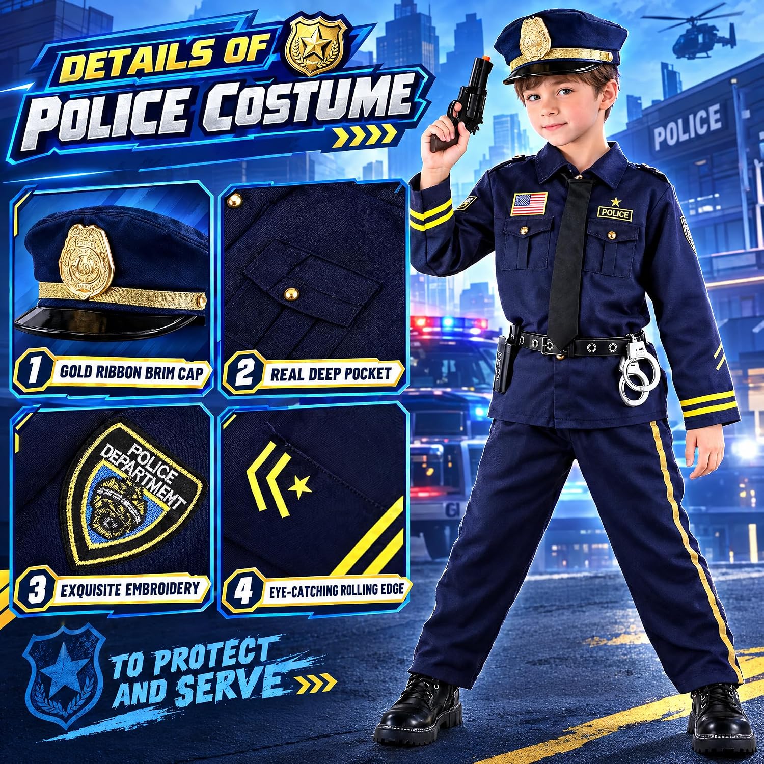 Detalle 2 de GiftInTheBox Kids Police Costume, 12-Piece Blue Uniform and Accessory Set
