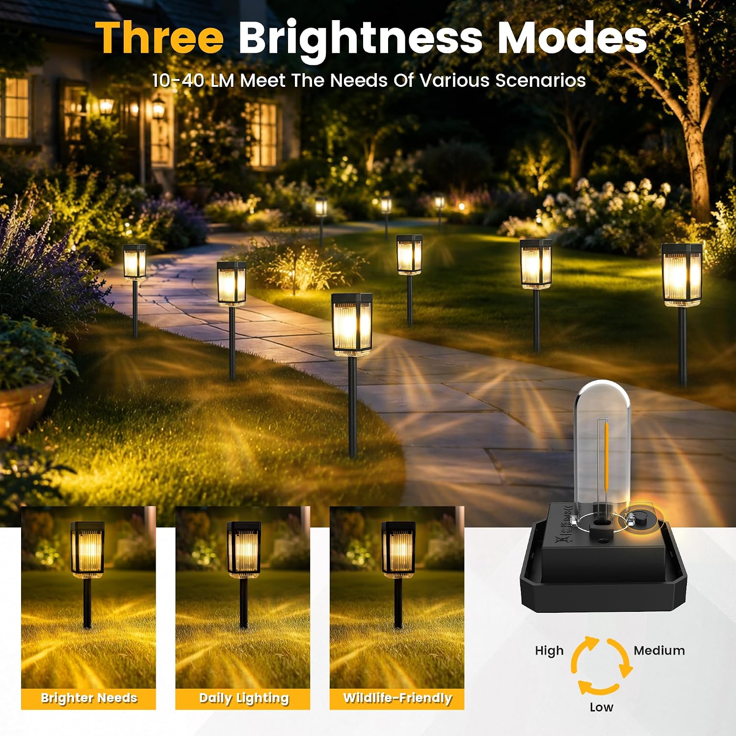 Detalle de HMDecor 8-Pack Solar Path Lights: IP65 Waterproof Garden Lights with 3 Brightness Levels