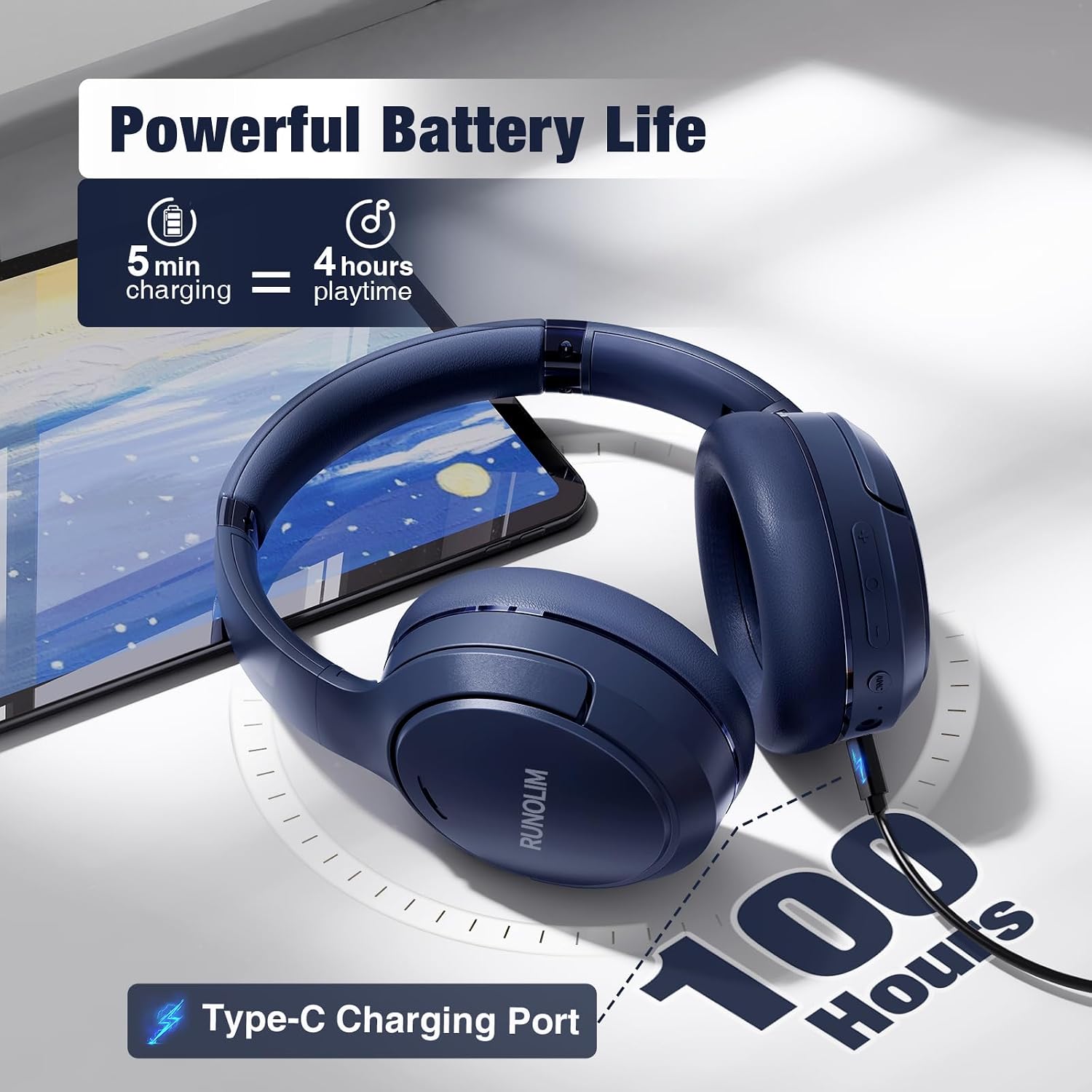 Detalle de RUNOLIM Hybrid ANC Wireless Headphones – Over-Ear Bluetooth with 70h Playtime
