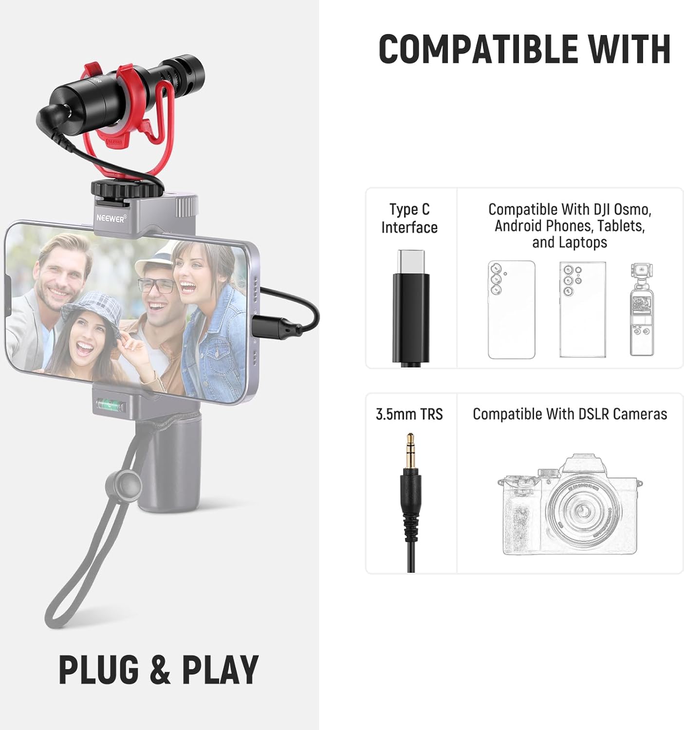 Thumbnail 5 de NEEWER Vlog VM10 mini micro supercardioïde Plug & Play (TRS 3,5 mm) pour iPhone, Android et Mac