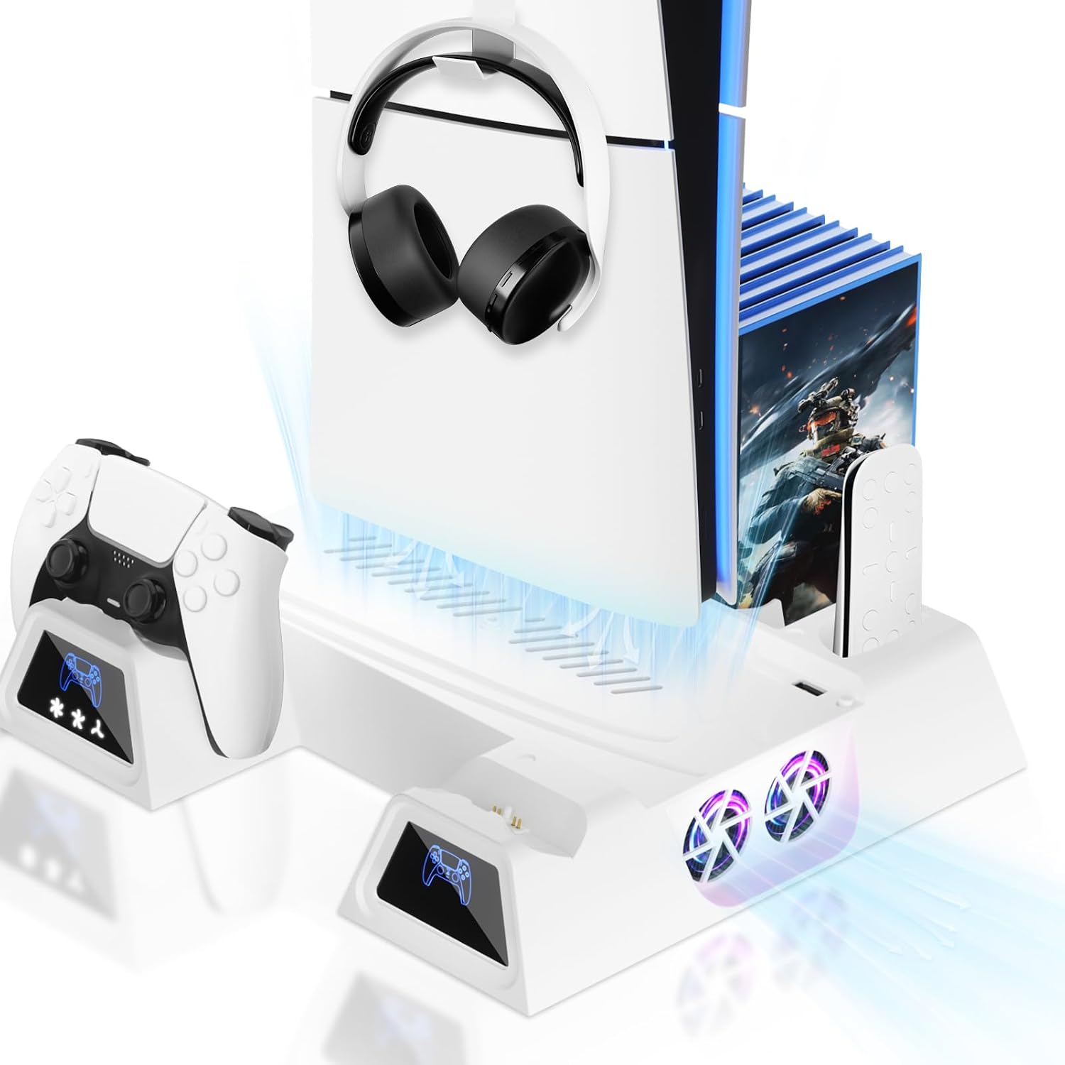 Detalle de LENISUOLE PS5/Slim/Pro Stand and Cooling Station with Dual Controller Charging & Headset Holder