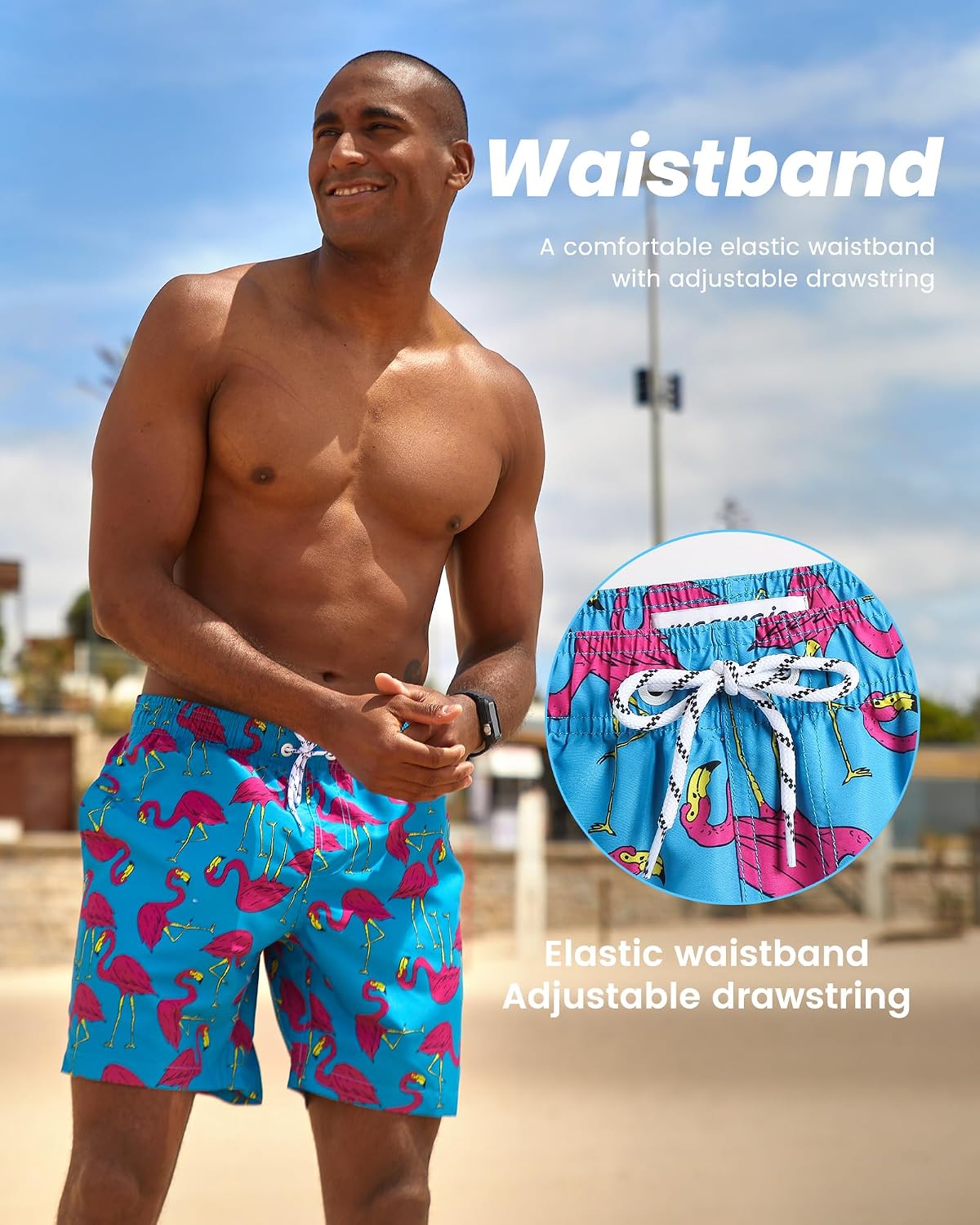 Detalle de MaaMgic men’s quick-dry swimming shorts with mesh lining and drawstring waist