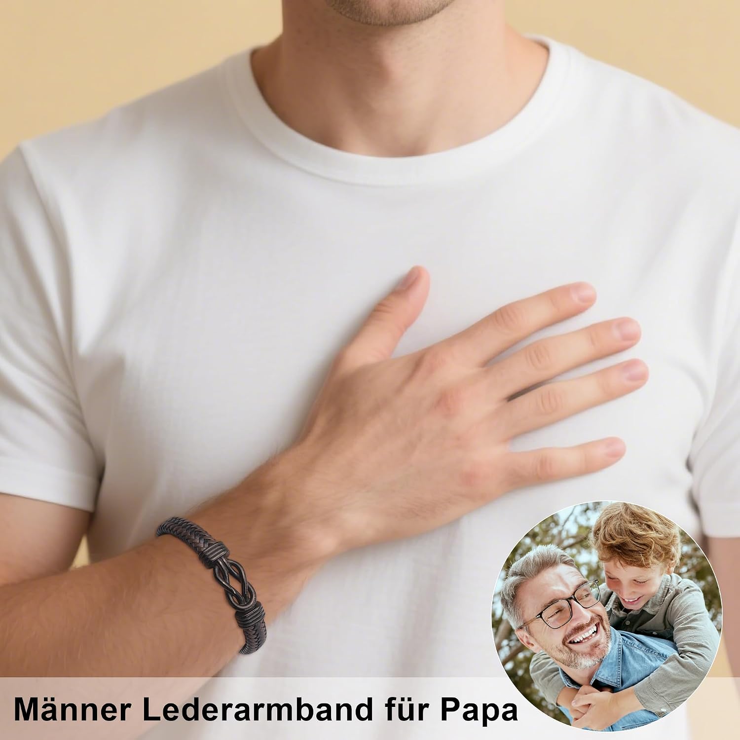 Detalle 2 de HAYOUWAY Lederarmband für Herren „Ich Liebe…“ mit Gravur – geflochtenes Infinity-Design als Geschenk