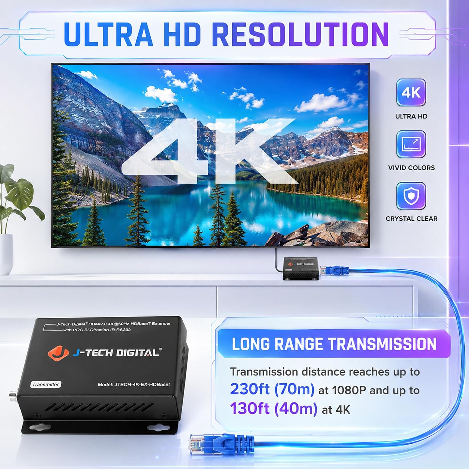 Detalle de J-Tech Digital 4K HDBaseT HDMI Extender Over Cat5e/6 Cable