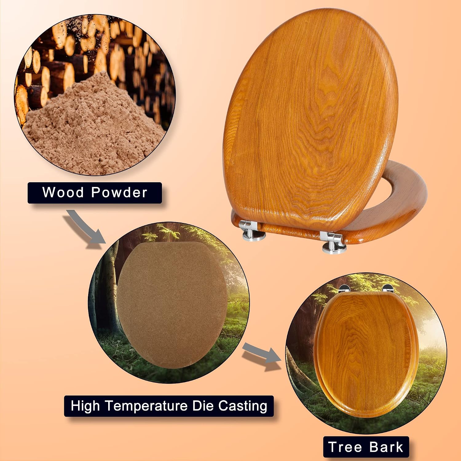 Thumbnail 3 de Angel Shield Natural Wooden Toilet Seat with Zinc Alloy Hinges (Oak Yellow)