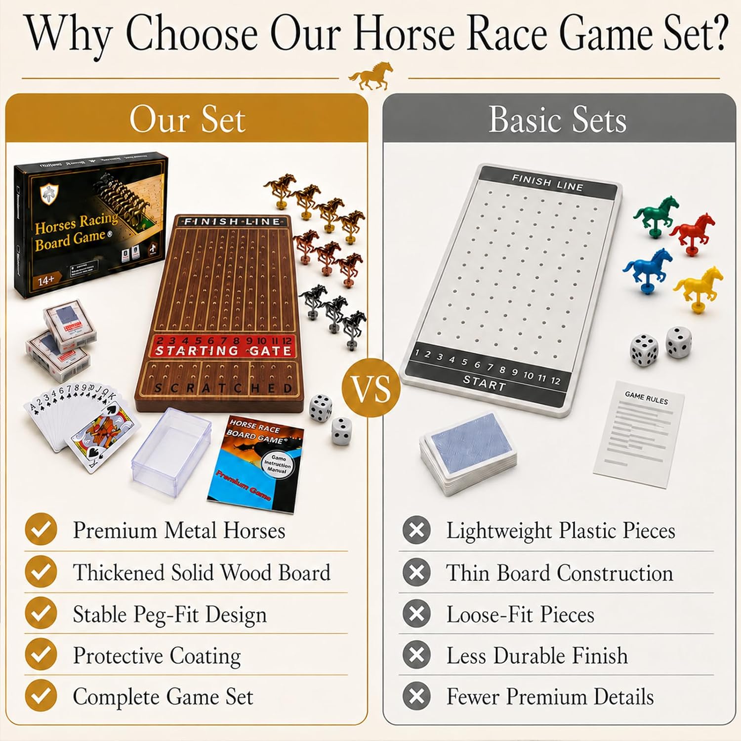 Thumbnail 5 de Jyquorp Horse Race Board Game (Rustic Brown) with 11 Metal Horses, 2 Dice, and Card Boxes