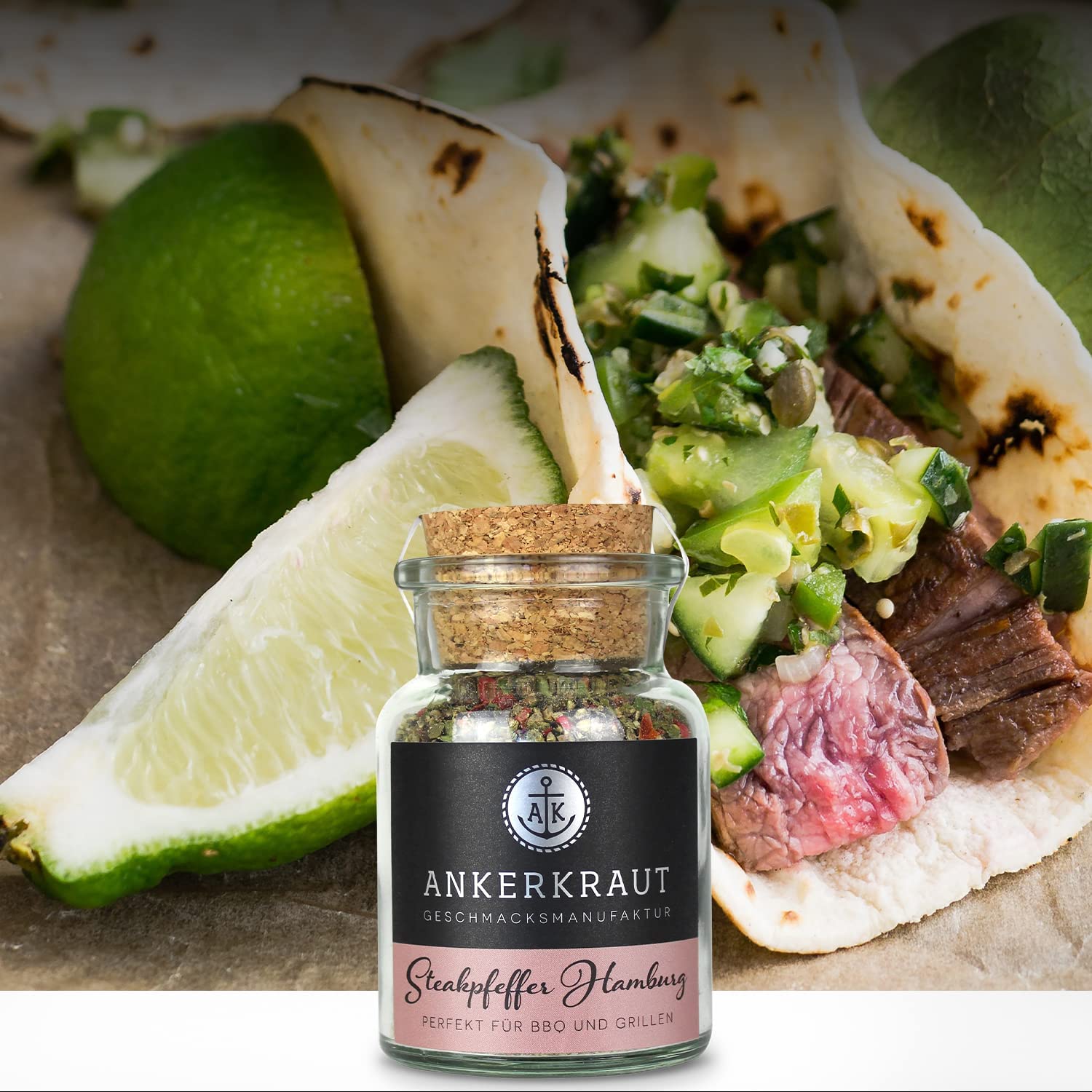 Detalle de Ankerkraut Steakpfeffer Hamburg – Grober Pfefferkörner-Mix im Korkenglas (80 g) für Steak und Allround-Küche