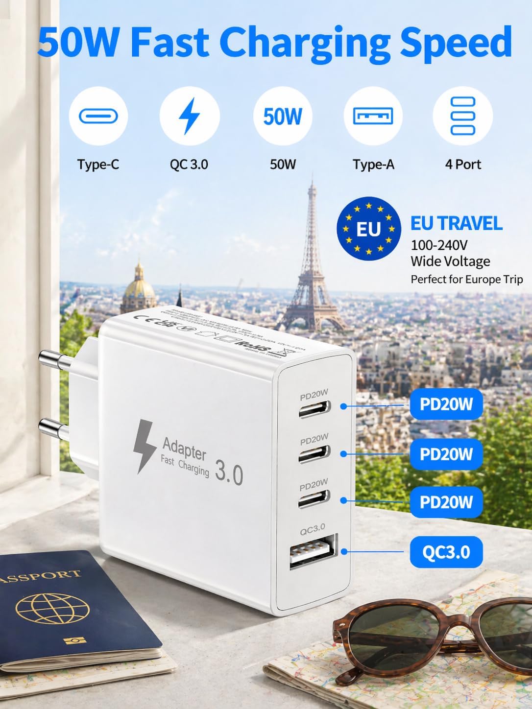 Detalle de EU Travel Adapter Charger: 50W 4-in-1 EU Plug with 3 USB-C and 1 USB-A plus 2m Nylon Cable