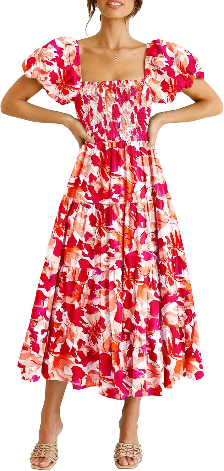 Detalle 2 de PRETTYGARDEN Women’s Casual Summer Midi Dress with Smocked Bodice, Tiered Ruffles & Square Neck