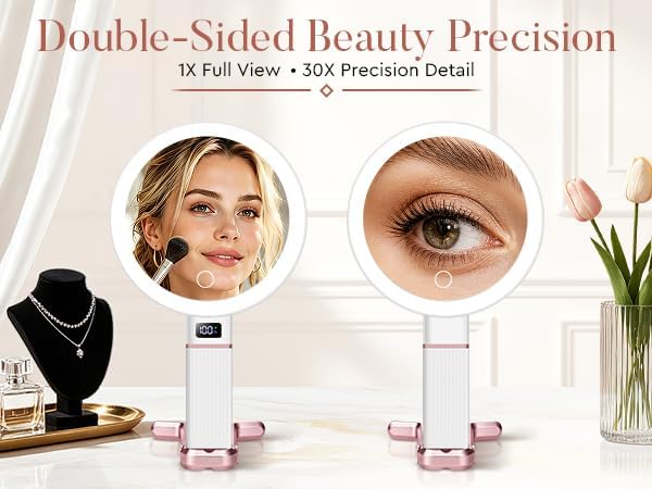 Detalle de MIYADIVA Lighted Travel Makeup Mirror, 30X/1X, Adjustable Stand, Rose Gold