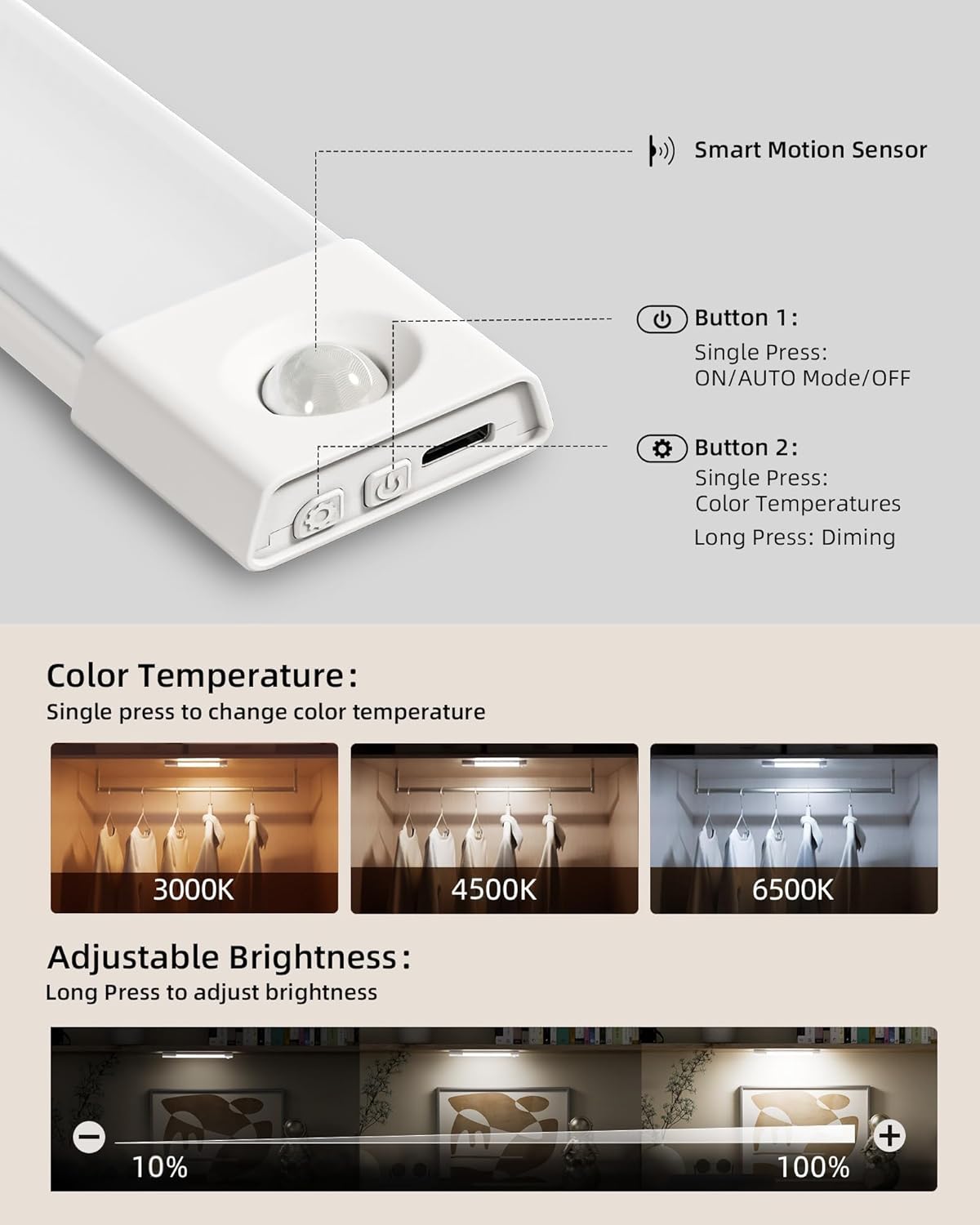Thumbnail 2 de EZVALO 3 Pack 11.8 inch Under Cabinet Kitchen Lights with Motion Sensor (rechargeable, dimmable, 3 colour temps)