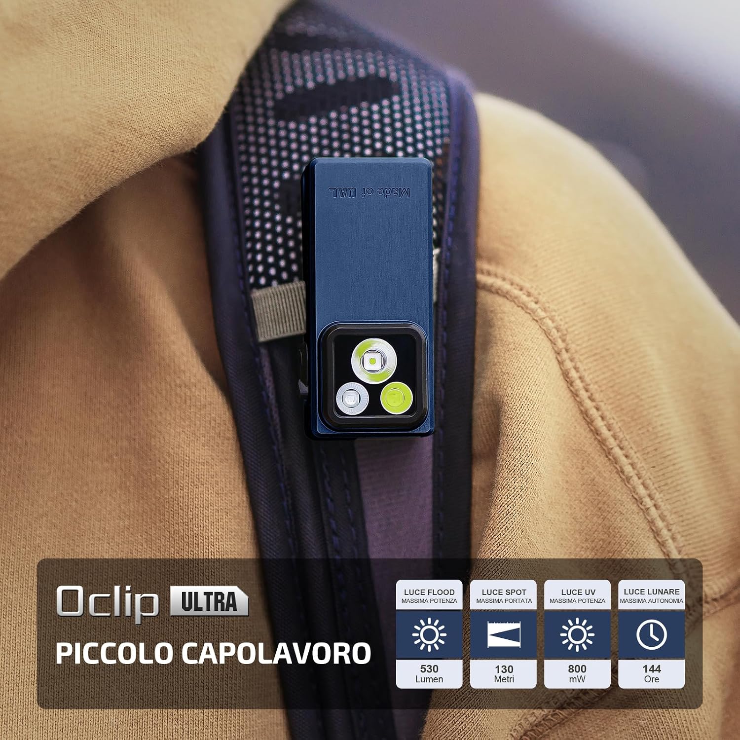 Detalle de OLIGHT Oclip Ultra 530 Lumen: torcia mini con clip, UV e raggio ampio