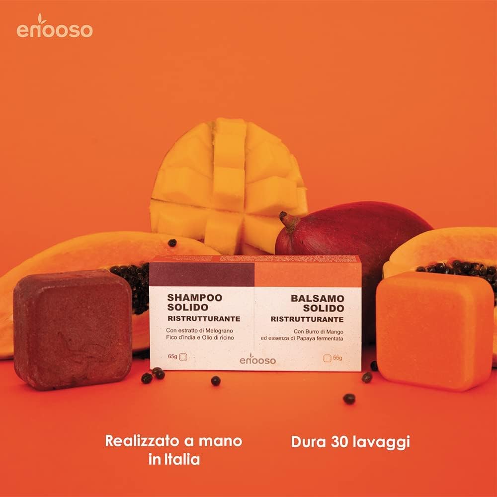 Detalle de Enooso Set Shampoo Solido e Balsamo Naturale e Ristrutturante per Capelli Danneggiati – Mango e Papaya, 120 g