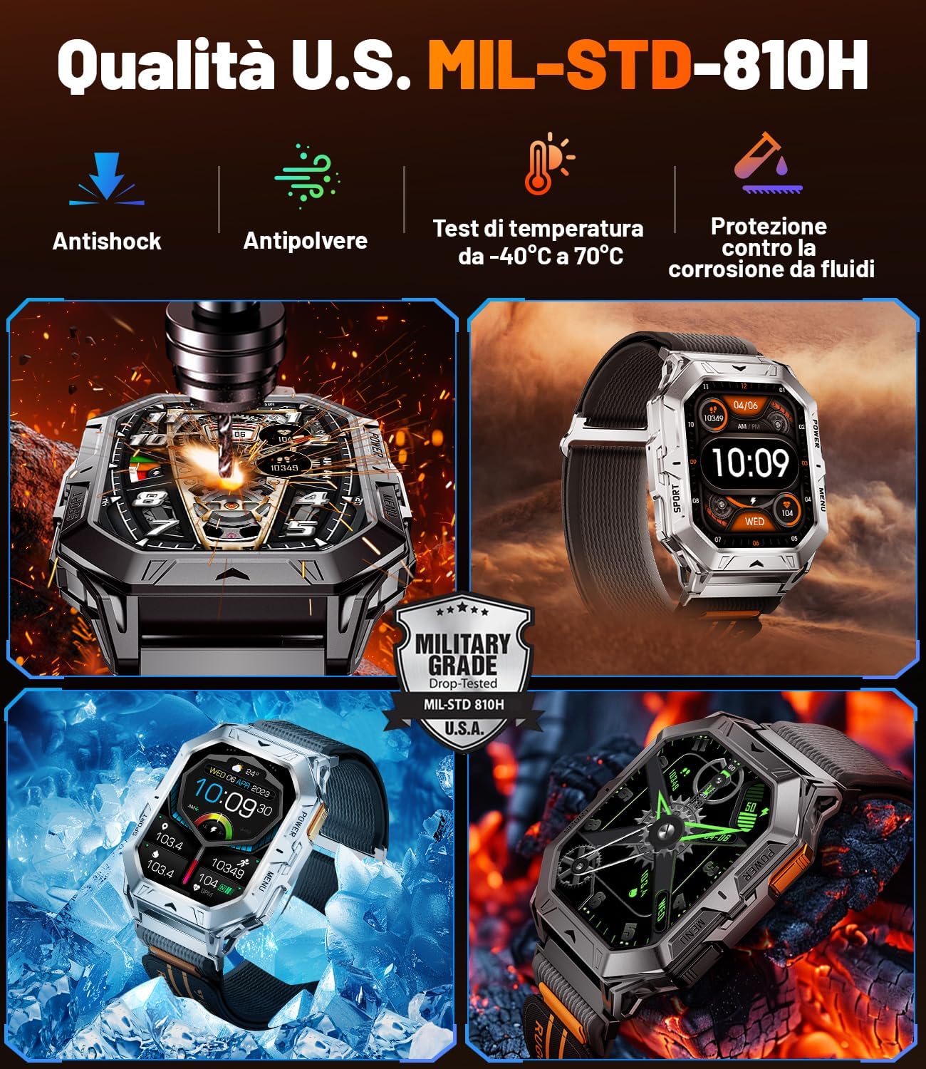 Thumbnail 6 de Smartwatch Uomo Militare TX1 grigio con batteria da 1000mAh, bussola/barometro e 10ATM