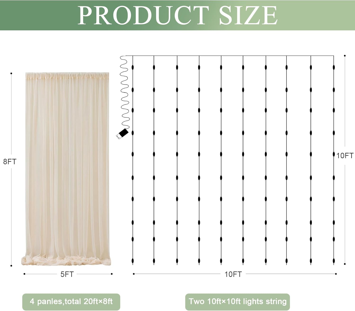 Detalle de Xiomot Tulle Backdrop Curtain with Lights - 4 Panels of 5x8ft Each with USB-Powered String Lights