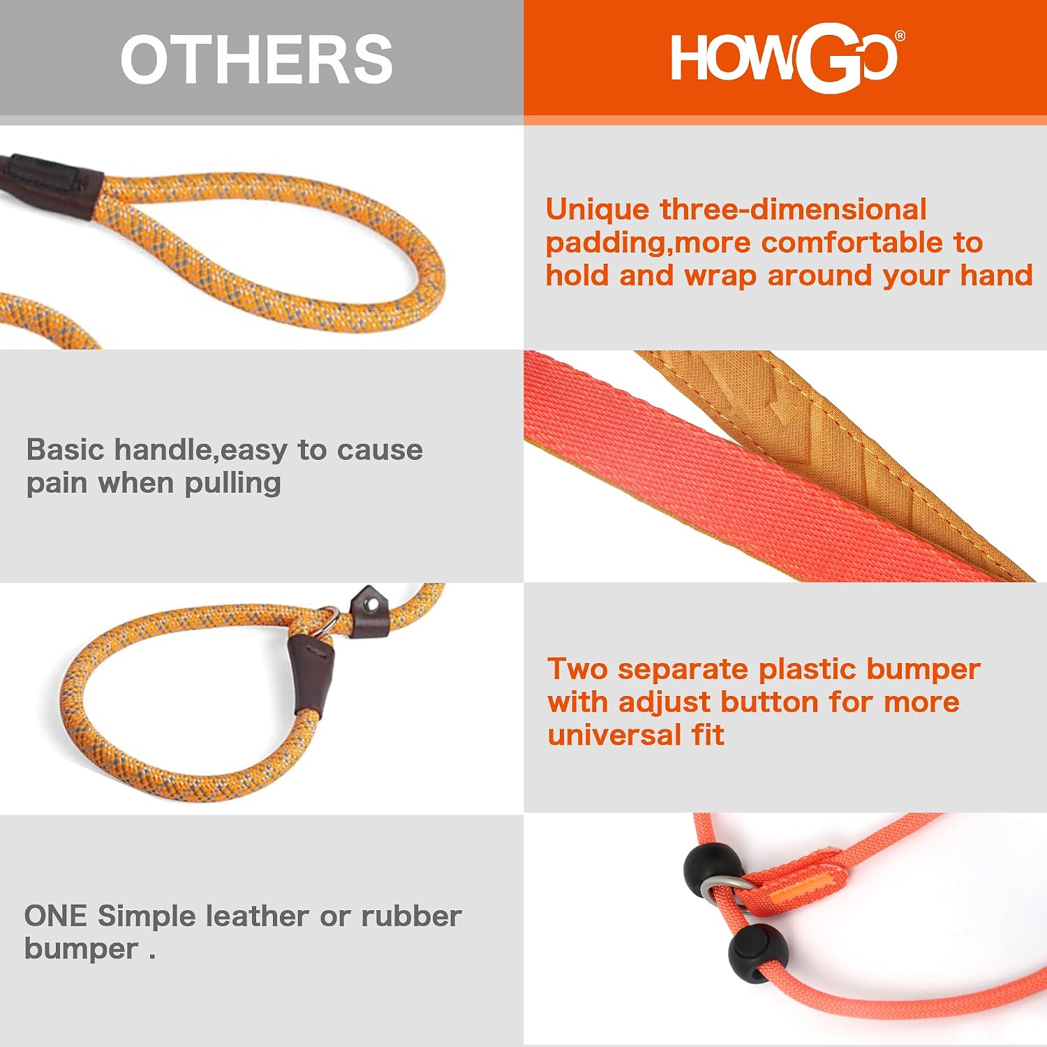 Detalle de Howgo dog slip lead training leash (padded handle) – orange, 3.6FT