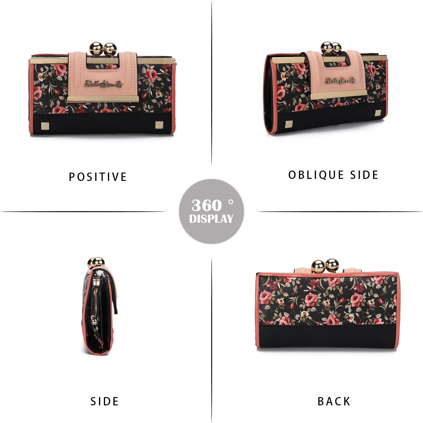 Thumbnail 4 de Gladdon Portefeuille femme motif floral vintage fond noir – 10 emplacements cartes + fenêtre transparente