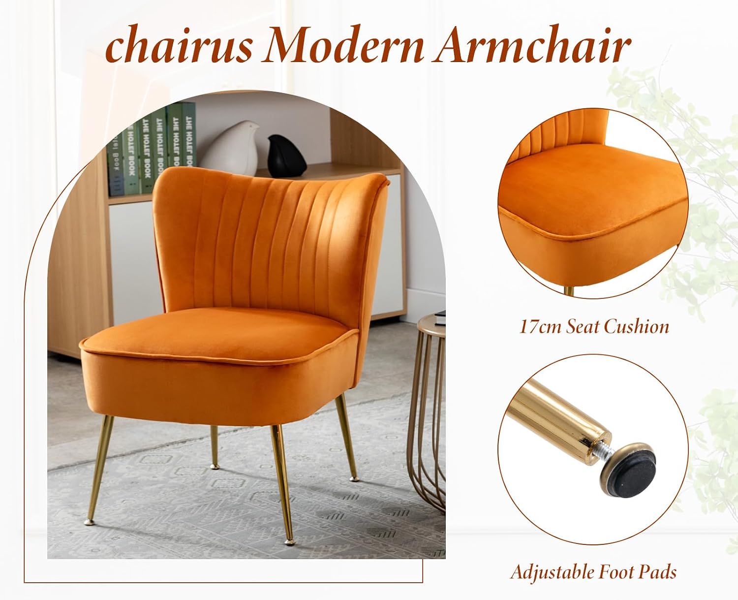 Detalle de chairus set van 2 fluwelen fauteuils, oranje, met gouden poten