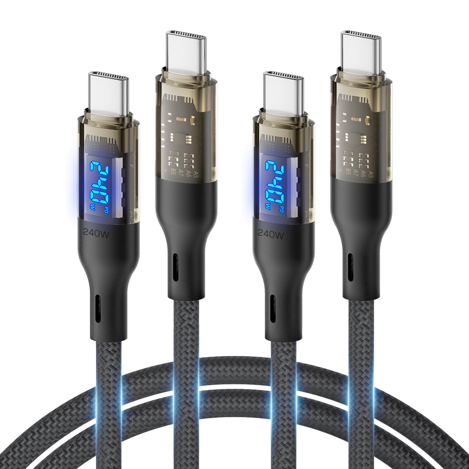 Detalle de SOOPII 240W USB-C to USB-C Cable (6ft, 2-Pack) with LED Watt Display