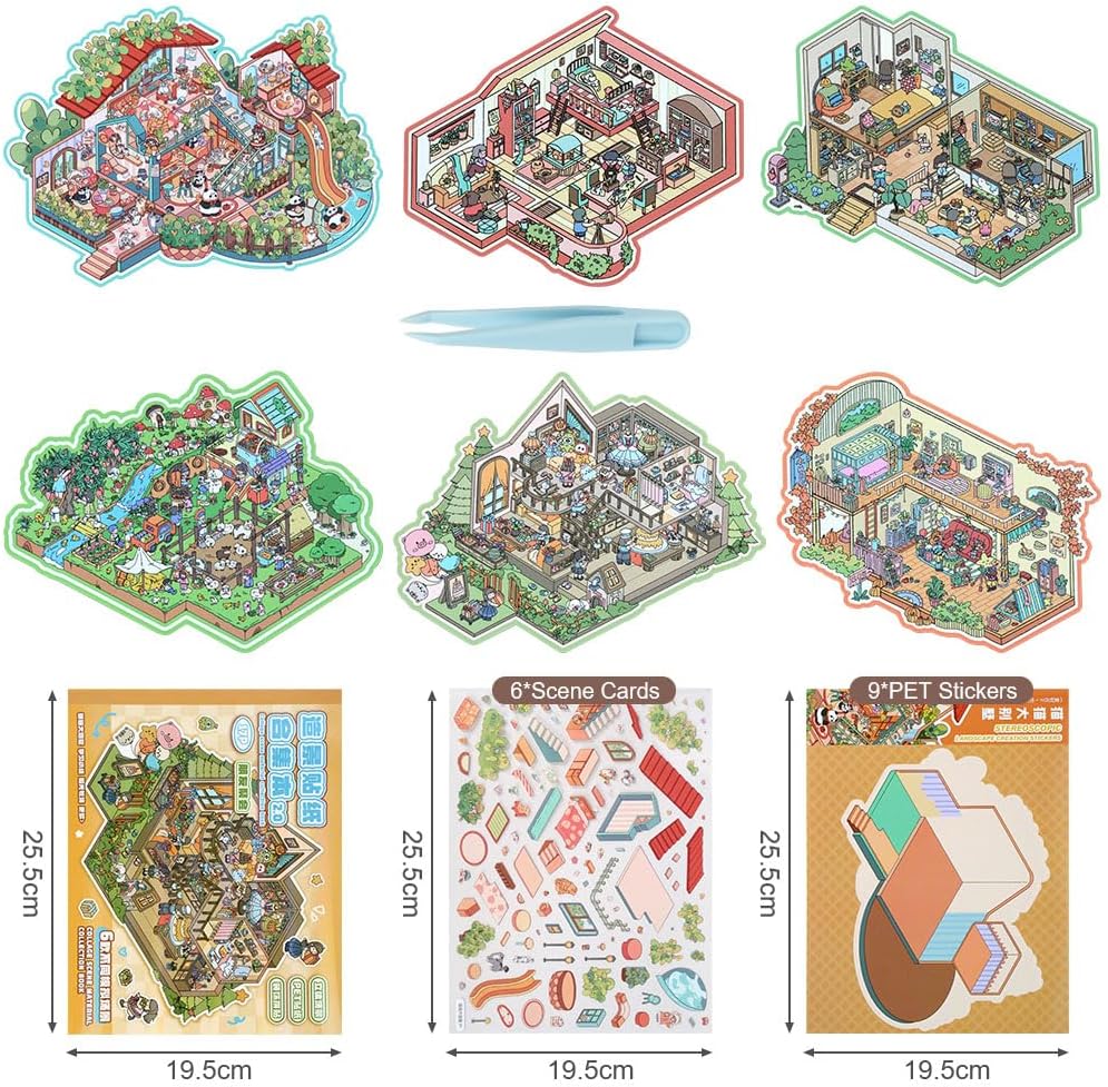 Thumbnail 3 de Vicloon 3D-landschapsstickerset met 6 scènes, herbruikbare PET-stickers en pincet