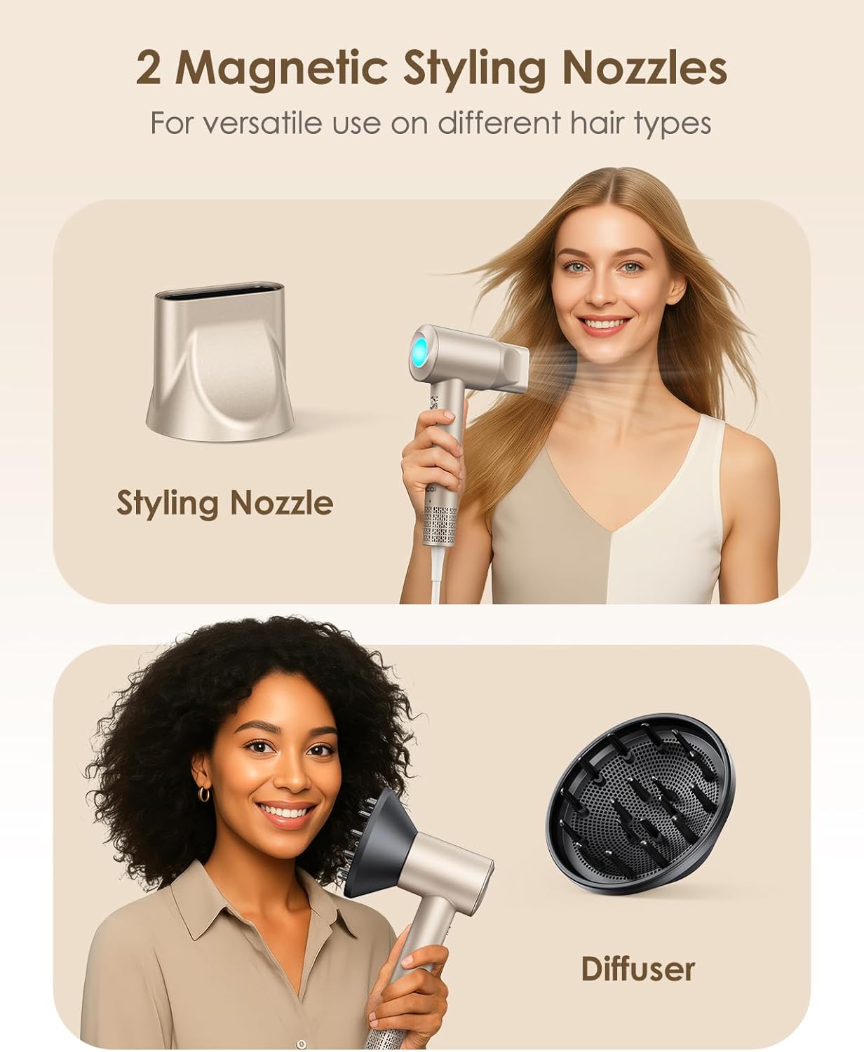 Detalle de Hair Dryer, 160,000 RPM High-Speed Ionic Blow Dryer with Diffuser – Gold