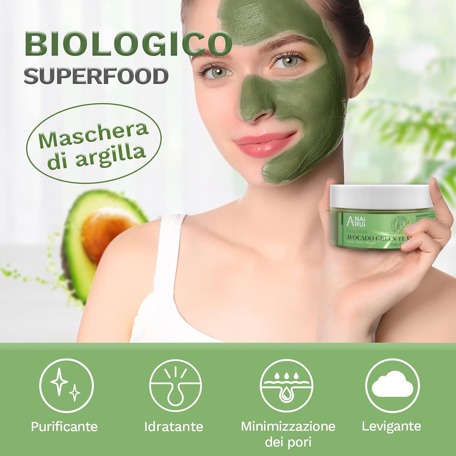 Detalle 2 de ANAiRUi Maschera di fango con Avocado e tè verde – Maschera viso idratante e purificante 120g