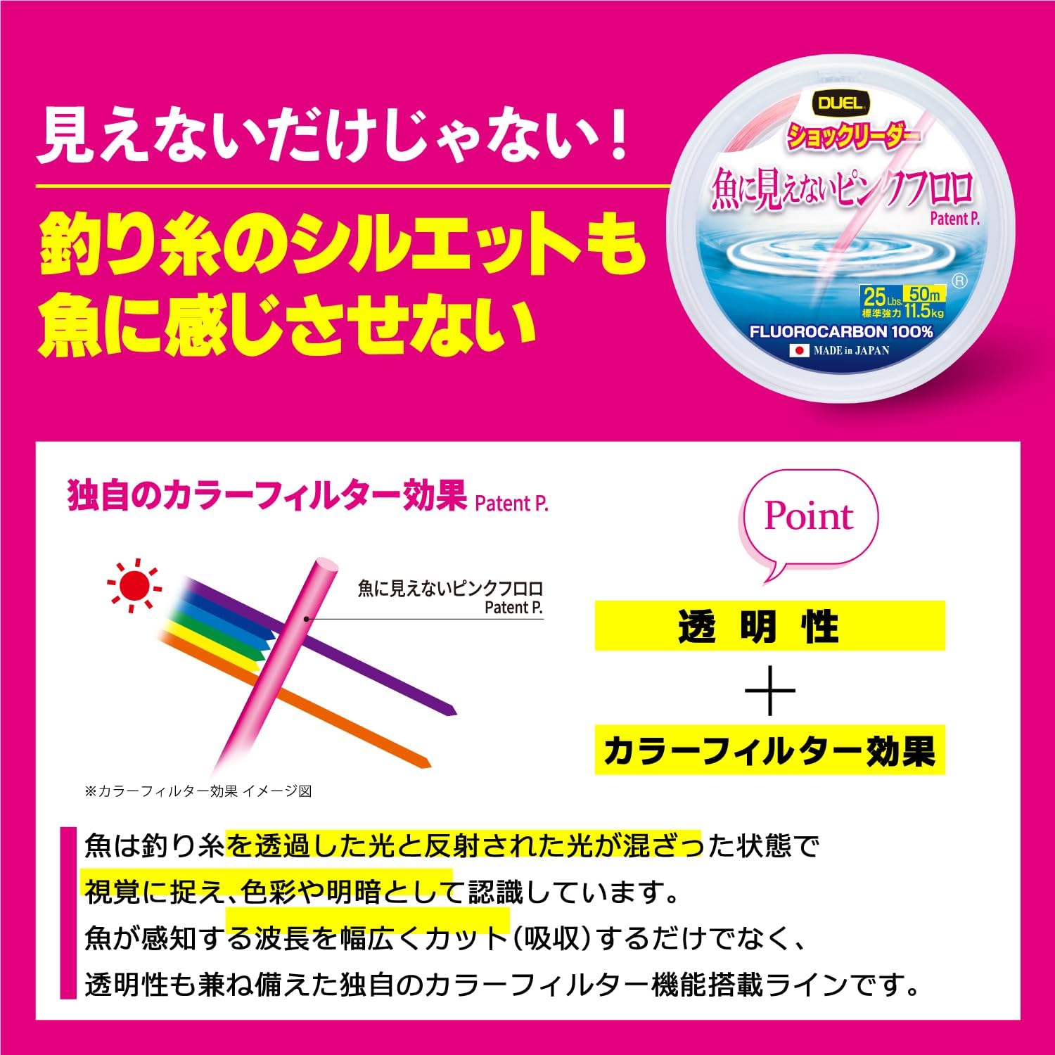 Detalle de DUEL 魚に見えないピンクフロロ ショックリーダー フロロカーボン製・ジャストストッパー付き
