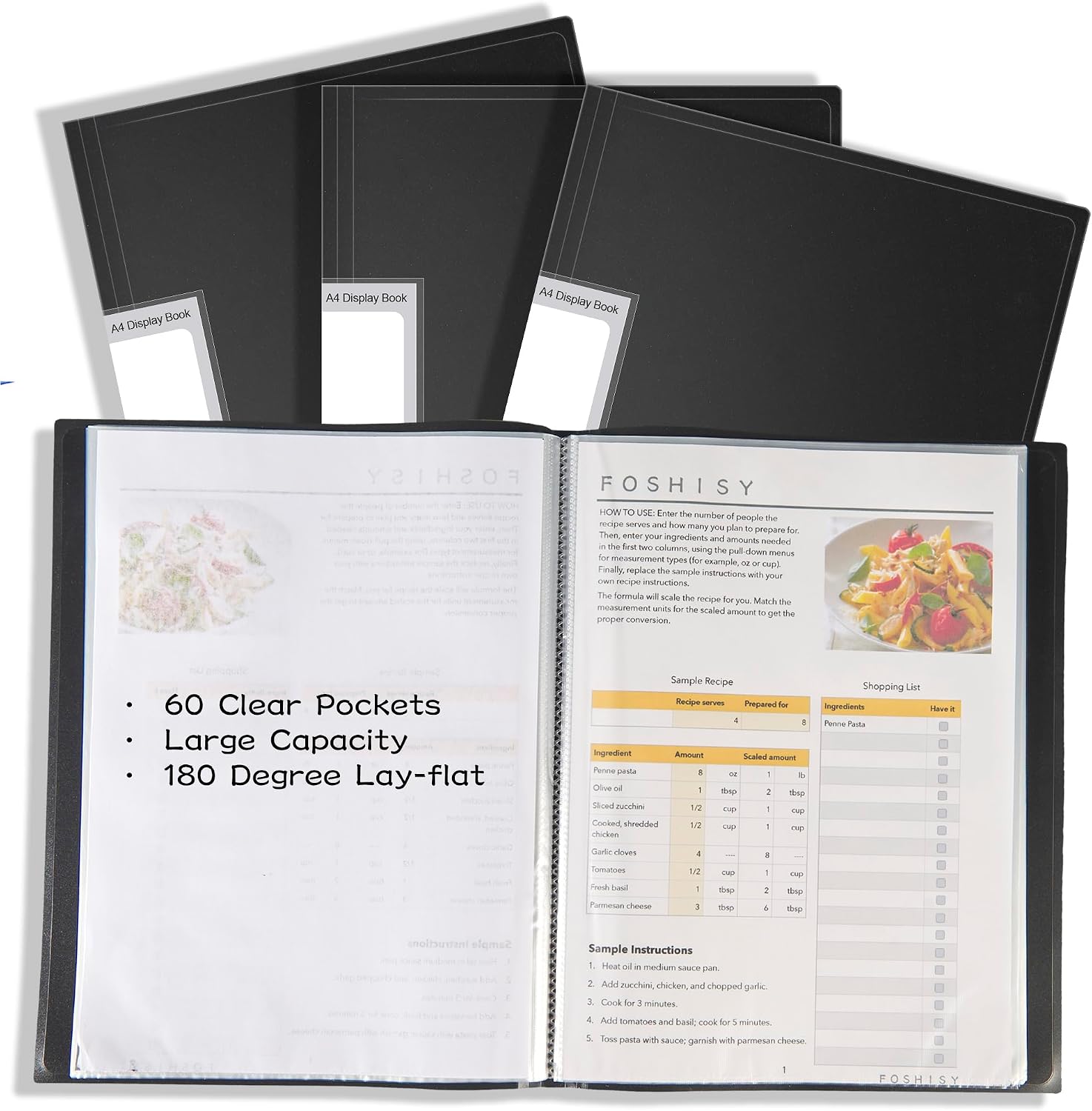 Detalle de FOSHISY 60-Pocket A4 Binder with Plastic Sleeves (Black, 60 Pockets, 6 Pack)