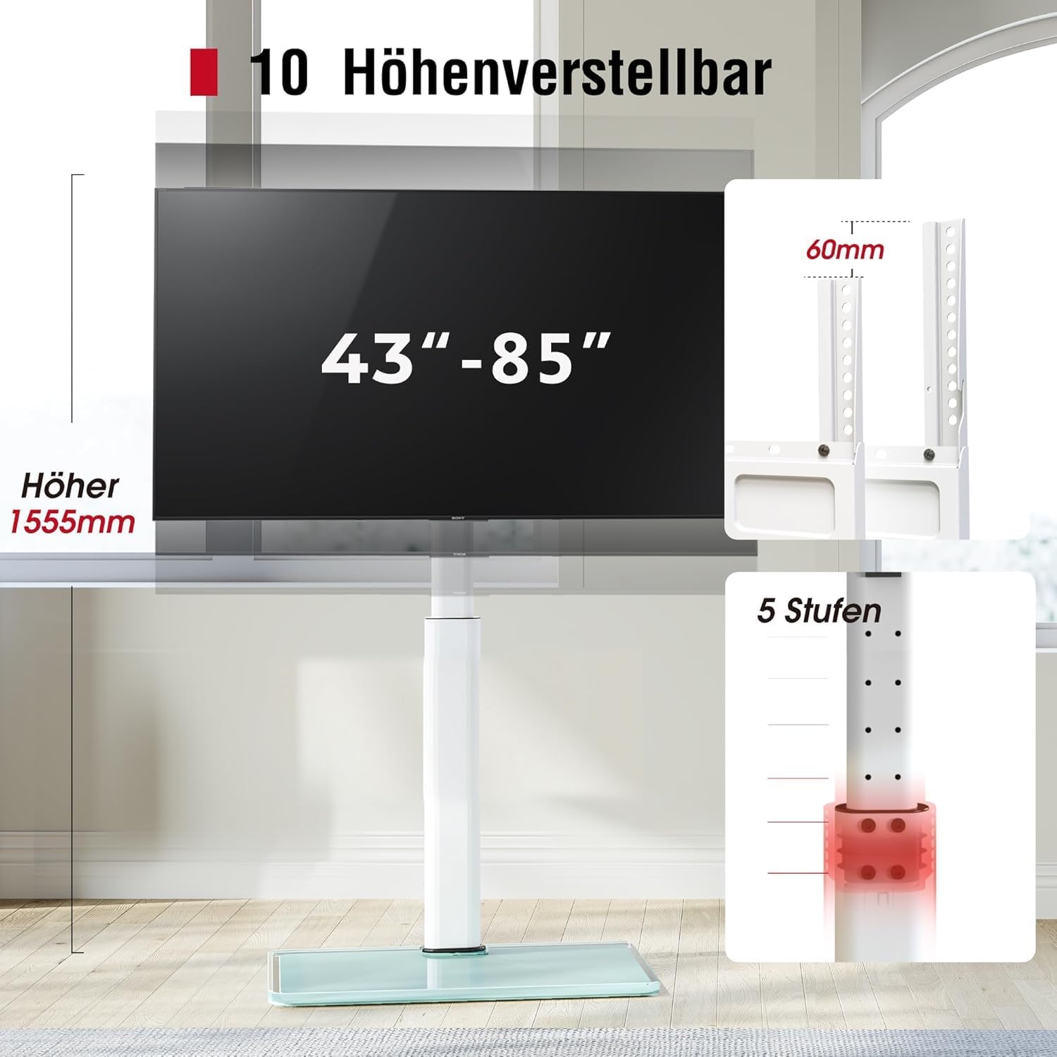Thumbnail 3 de AOKCOS TV Ständer Bodenständer 1,6 m für 43–85 Zoll Fernseher – Neigbar, Schwenkbar, VESA 600x400, max. 50 kg, Weiß
