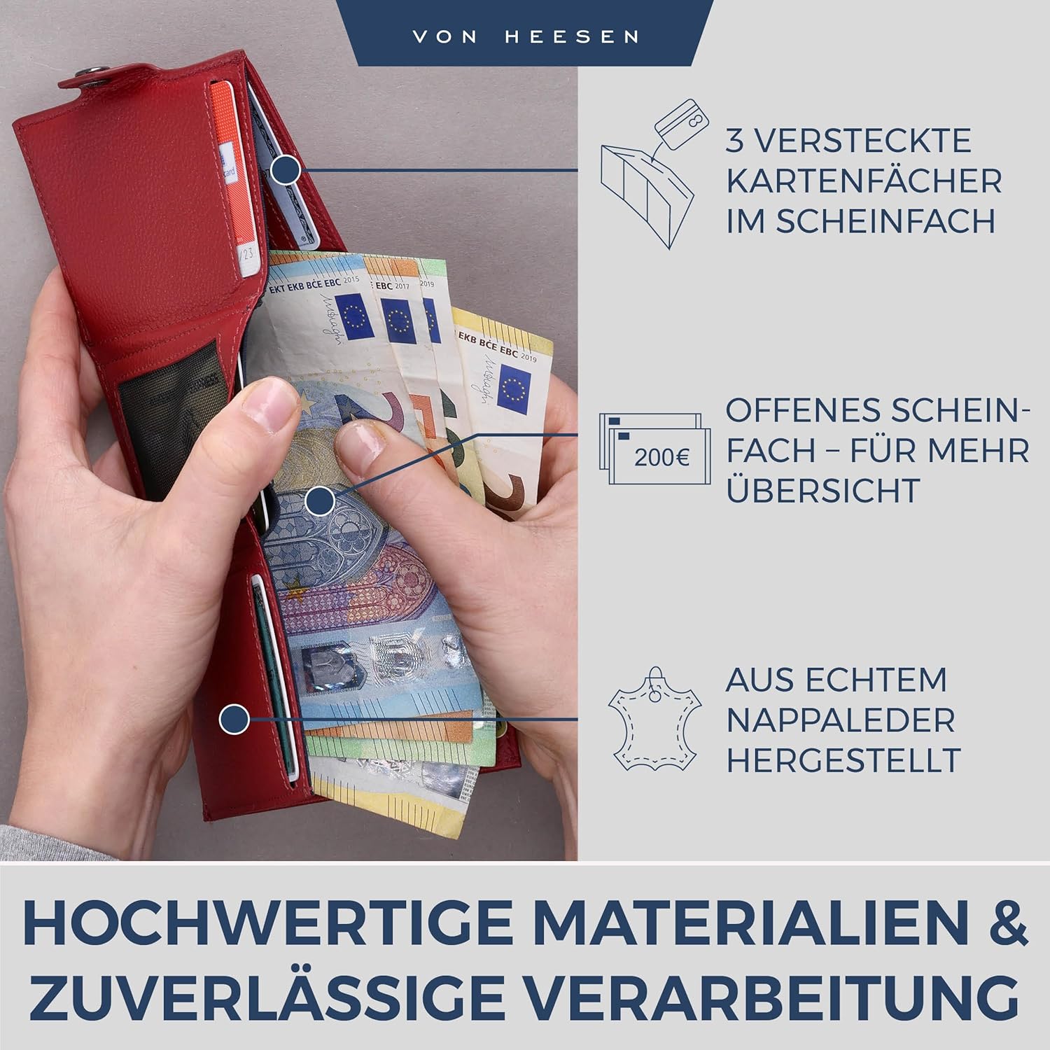 Thumbnail 3 de VON HEESEN Slim Wallet mit XXL Münzfach & RFID-Schutz – Leder Geldbeutel Rot