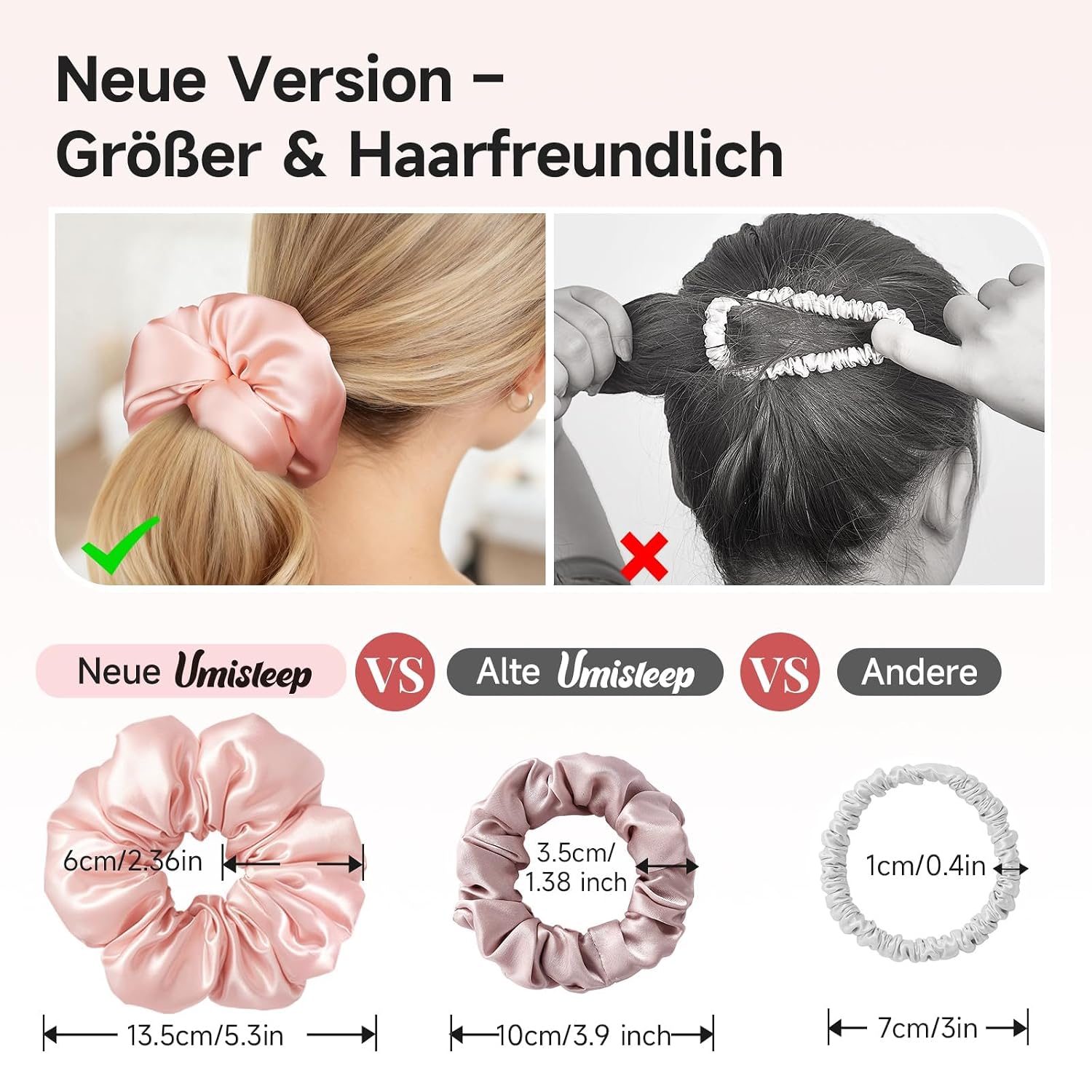 Detalle de Umisleep Upgraded XXL Oversized Maulbeerseide Scrunchies – 2er-Set (Champagner & Rosé) für langes, dickes Haar