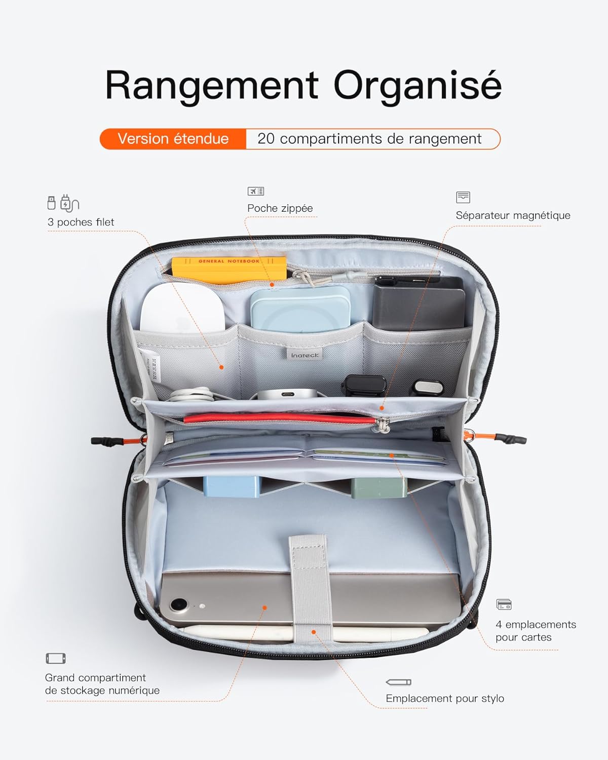 Detalle de Inateck Organisateur Pratique pour Accessoires Électroniques – Sac de Voyage Résistant aux Éclaboussures, Bandoulière Incluse