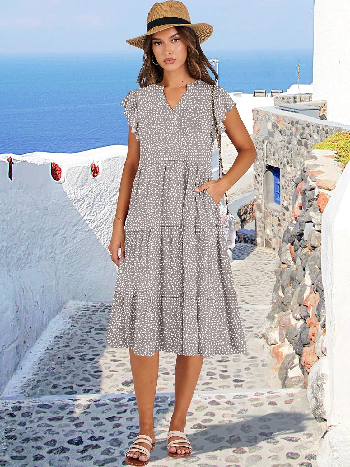 Thumbnail 1 de ANRABESS Women’s Summer Ruffle Sleeve V-Neck Tiered Midi Dress