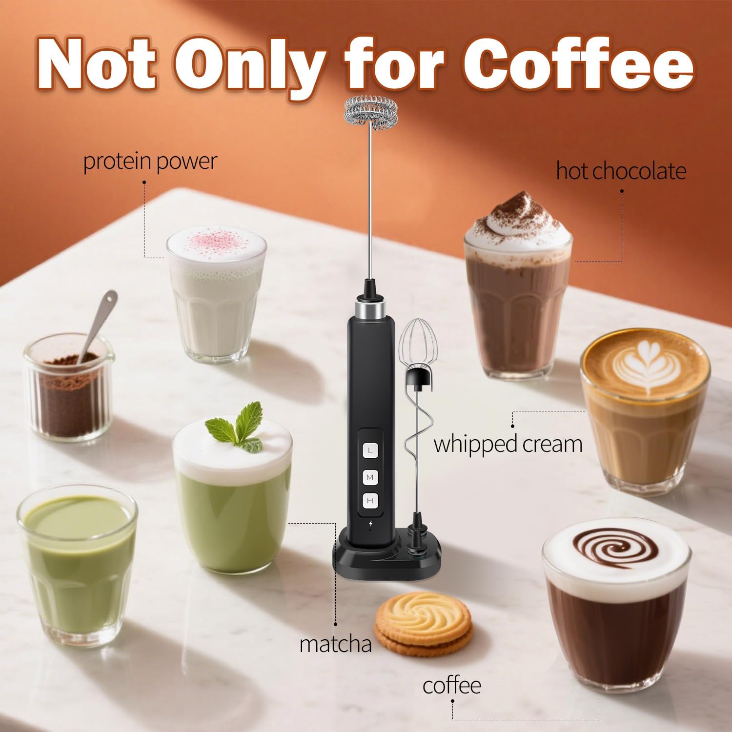 Thumbnail 6 de Rechargeable Milk Frother Handheld with 3 Detachable Stainless Whisks and Charging Base