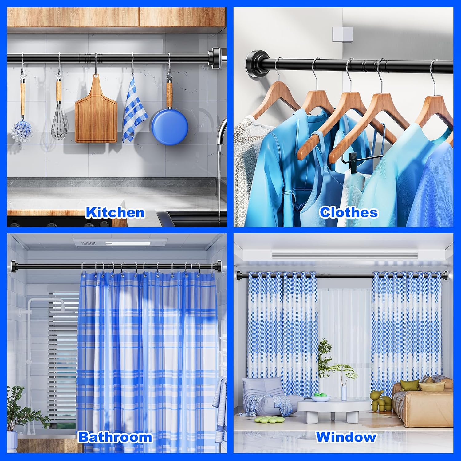 Thumbnail 6 de Ausemku yq-a-A80H Tension Curtain Rod, Adjustable 32–80 Inch, Black Stainless Steel