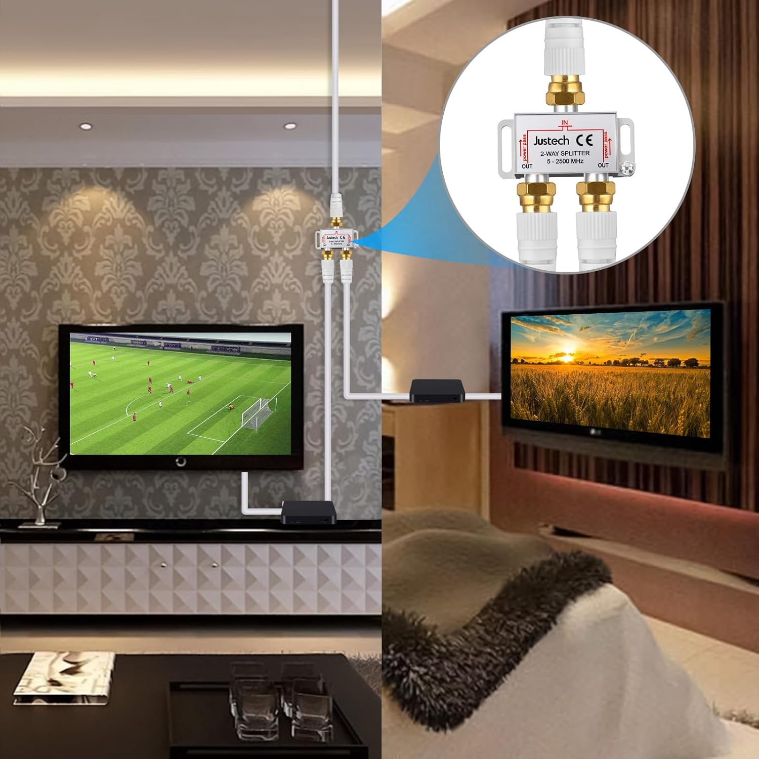 Thumbnail 2 de Justech 2 Way TV Aerial Splitter with 1.5m Coax Cables – F Connector, 2500MHz