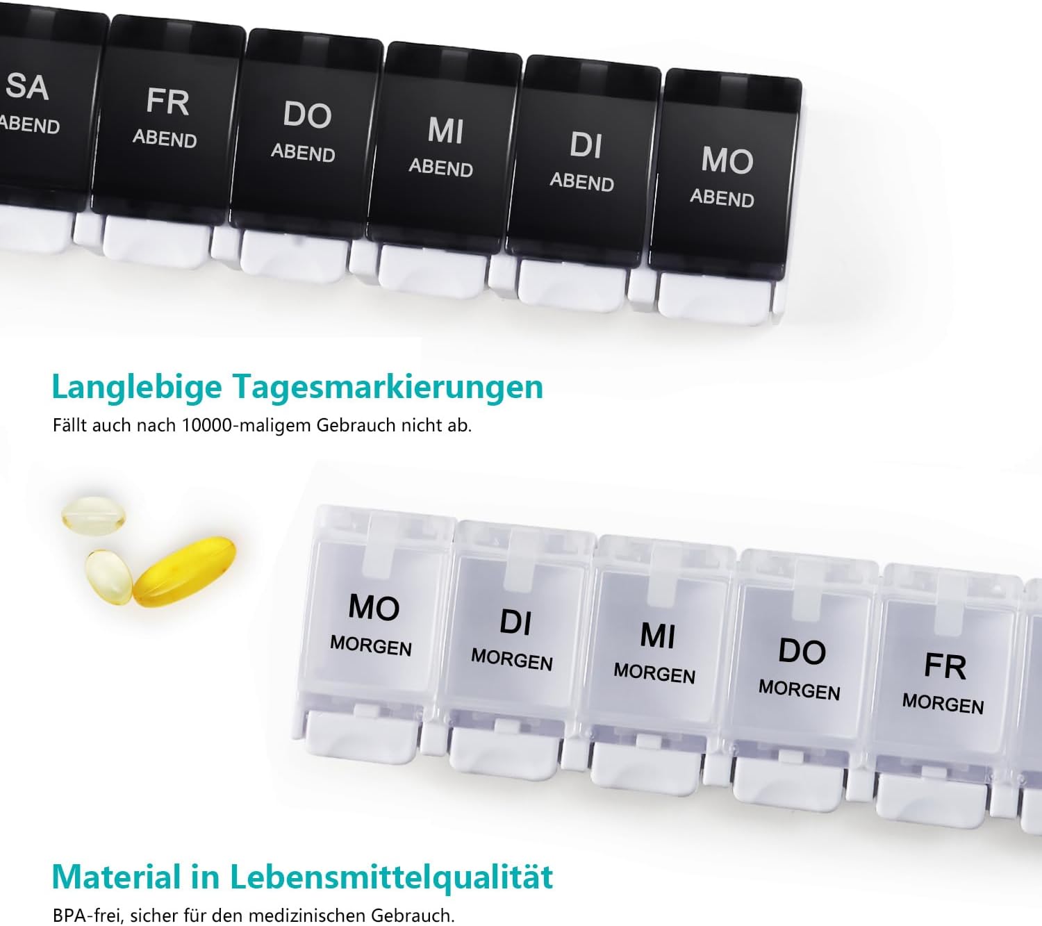 Thumbnail 2 de MOLN HYMY Medikamentenbox für 7 Tage mit 2 Fächern (AM/PM), BPA-frei, 14 Fächer, Druckknopfdeckel in Schwarz/Weiß