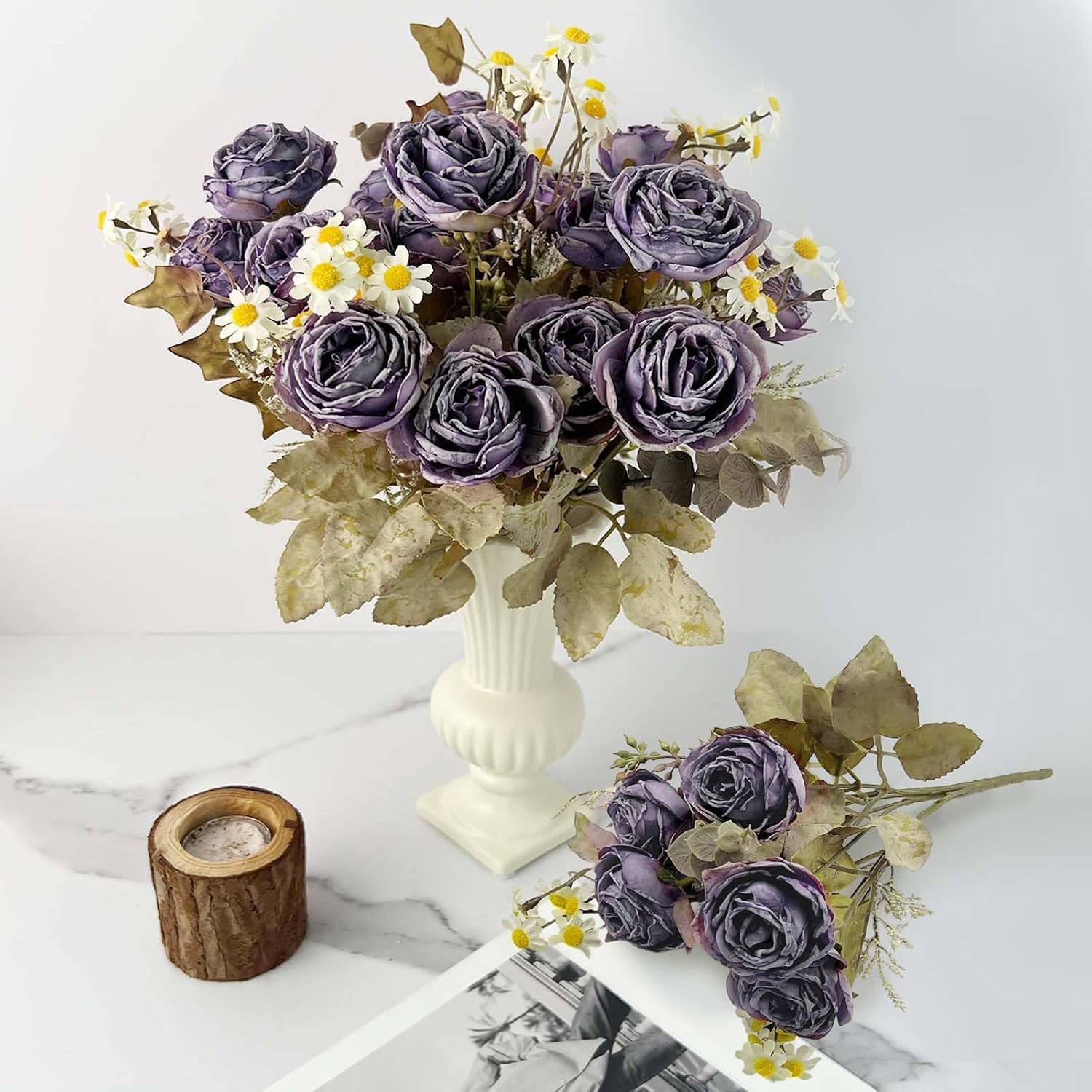 Detalle de Daily Treasures Vintage Dry Flower Bouquet Set – Fire-Roasted Rose with Daisies, Autumn Purple, 30cm